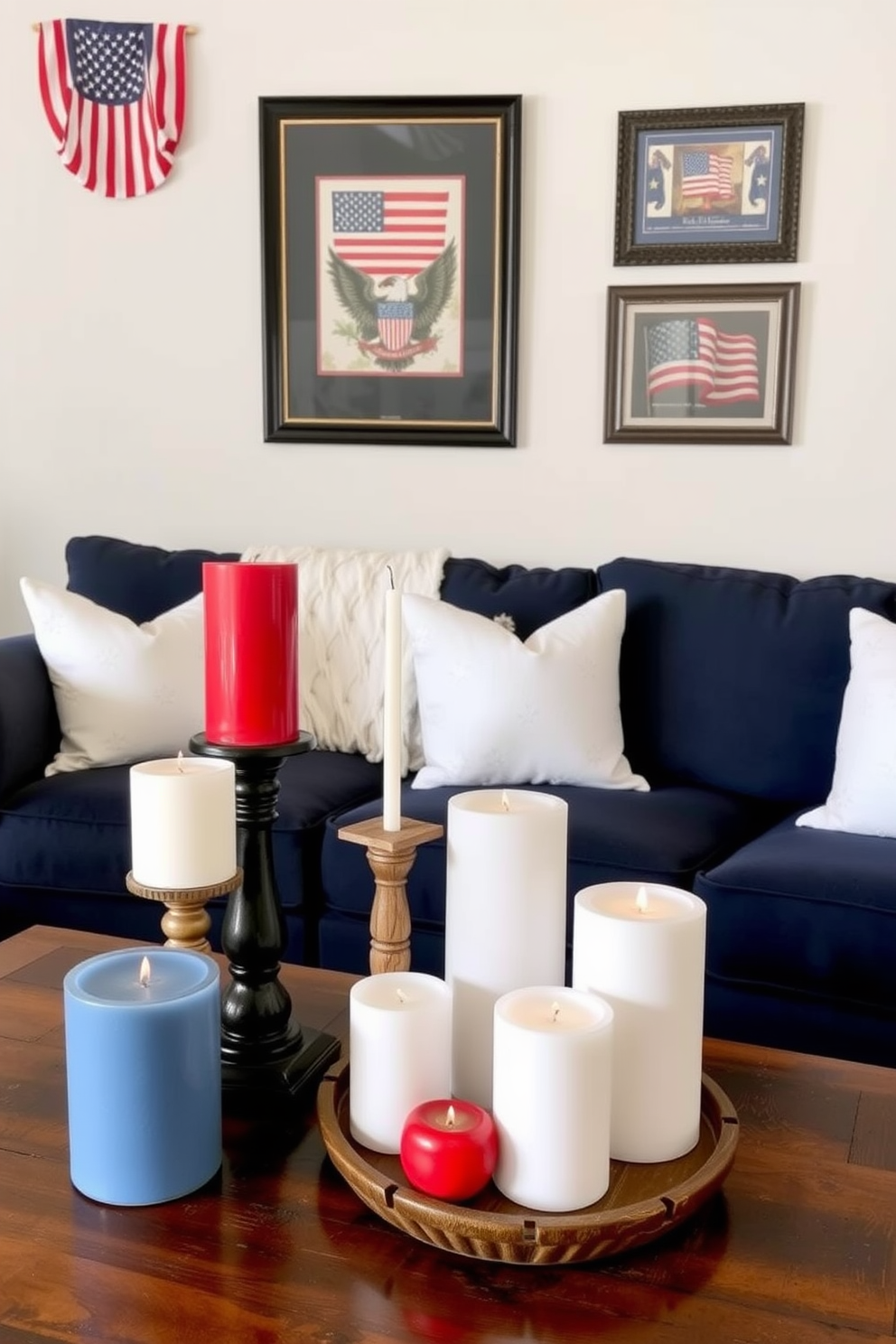 A cozy living room adorned with patriotic themed photo frames showcasing family memories. The frames are arranged in a gallery style on a feature wall, complemented by a red, white, and blue color palette in the decor. A stylish coffee table sits in the center, decorated with a small American flag and seasonal flowers. Comfortable seating options in neutral tones invite relaxation while celebrating the spirit of Memorial Day.