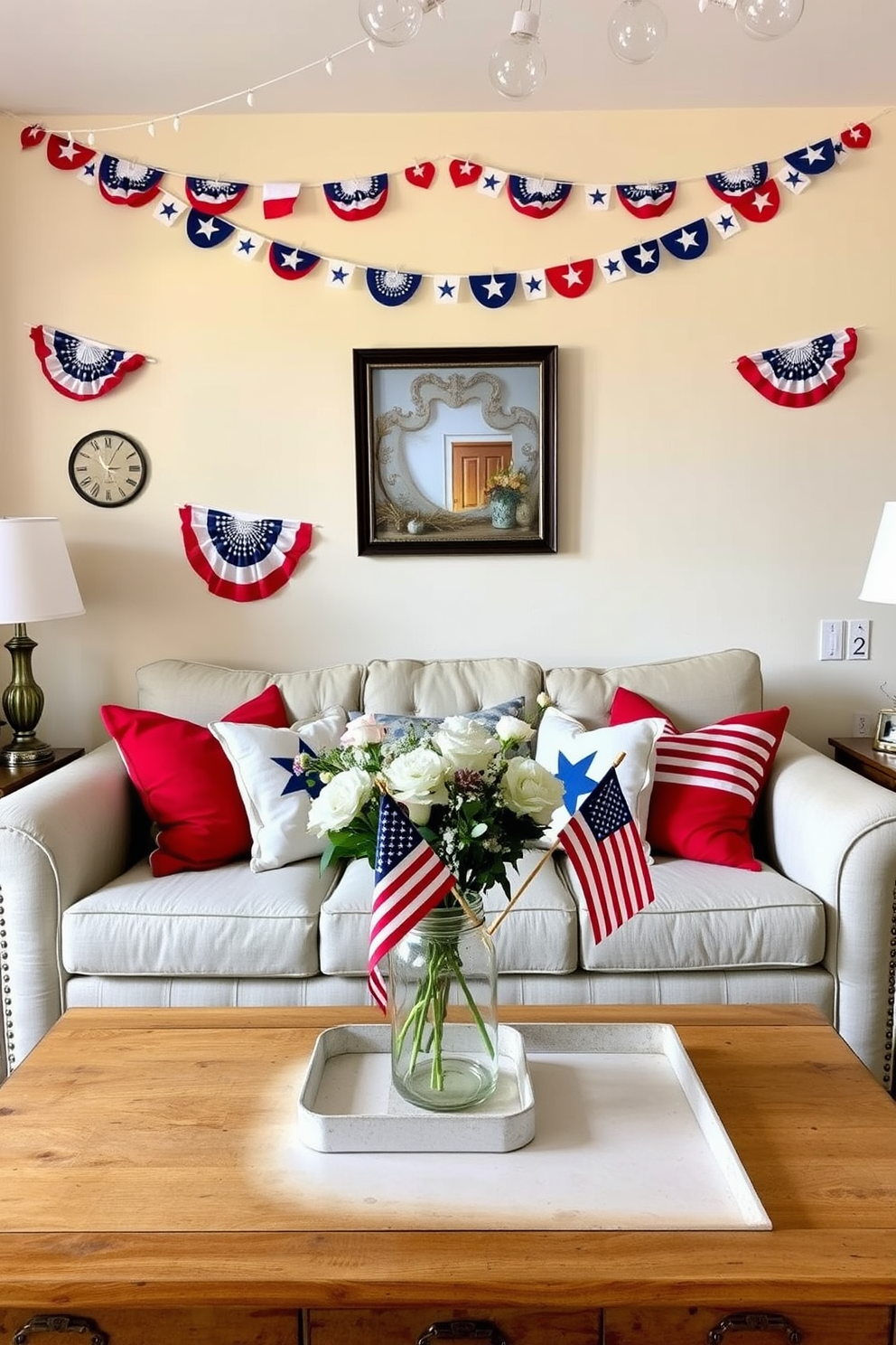 A cozy apartment setting decorated for Memorial Day. Festive bunting in red white and blue hangs along the walls creating a cheerful atmosphere. The living room features a comfortable sofa adorned with patriotic throw pillows. A coffee table is topped with a centerpiece of fresh flowers in a mason jar and small American flags.