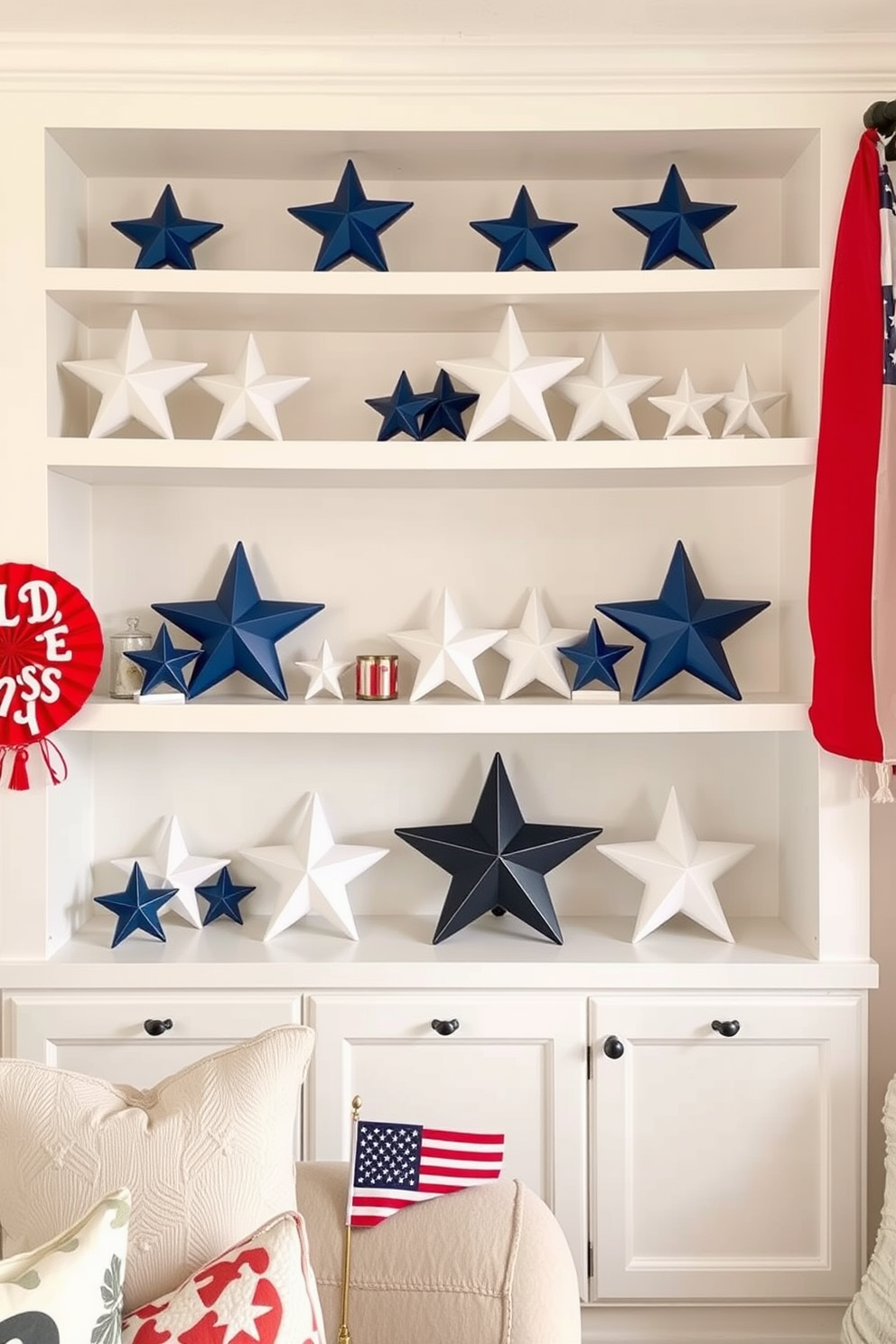 A cozy apartment living room adorned with ceramic star figurines neatly arranged on open shelves. The shelves are painted in a soft white color, creating a bright and airy atmosphere filled with patriotic decorations celebrating Memorial Day.