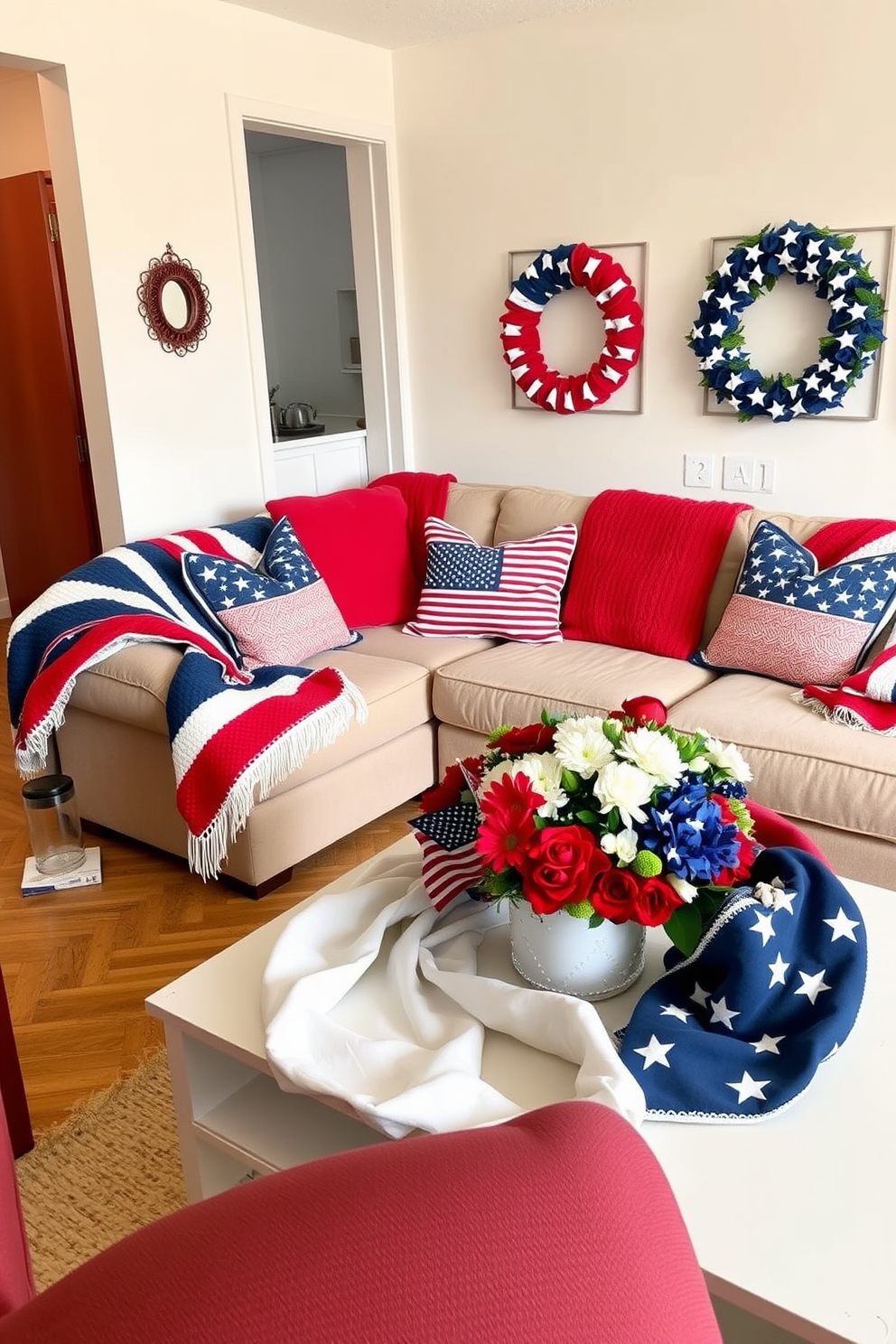 Create a cozy apartment living space decorated for Memorial Day. The room features a plush sofa adorned with red blue and white blankets, providing warmth and a festive touch. Incorporate decorative pillows with patriotic patterns and a coffee table topped with a centerpiece of fresh flowers in red white and blue. The walls are painted in a soft neutral tone, enhancing the vibrant colors of the blankets and decor.