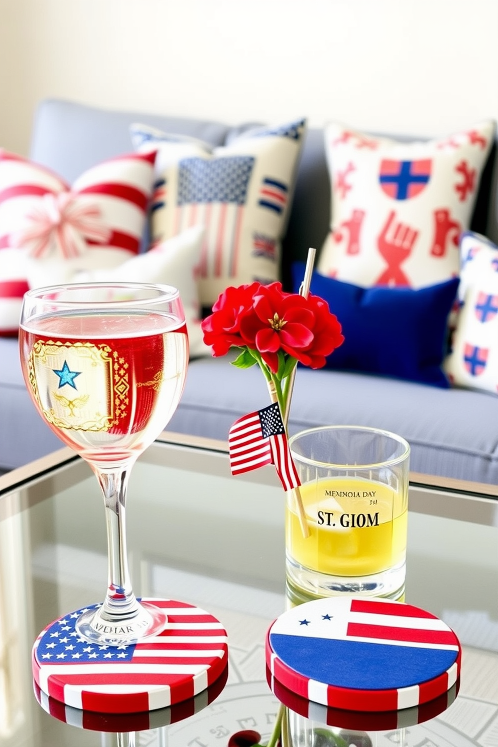 Create a set of patriotic themed coasters for drinks featuring vibrant red white and blue colors. Each coaster should display symbols of American pride such as stars stripes and the national flag. Design a cozy apartment space that reflects Memorial Day spirit with tasteful decorations. Incorporate elements like small flags floral arrangements in red white and blue and themed throw pillows to enhance the festive atmosphere.