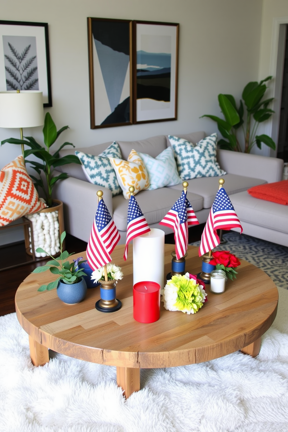 A stylish tabletop flag display for a Memorial Day gathering features a rustic wooden table adorned with small American flags in decorative holders. Surrounding the flags are red, white, and blue accents, including candles and fresh flowers, creating a festive atmosphere. For apartment decorating ideas, envision a cozy living space with a modern sectional sofa, accented by colorful throw pillows and a soft area rug. The walls are adorned with framed artwork that reflects personal style, while plants add a touch of greenery and warmth to the room.