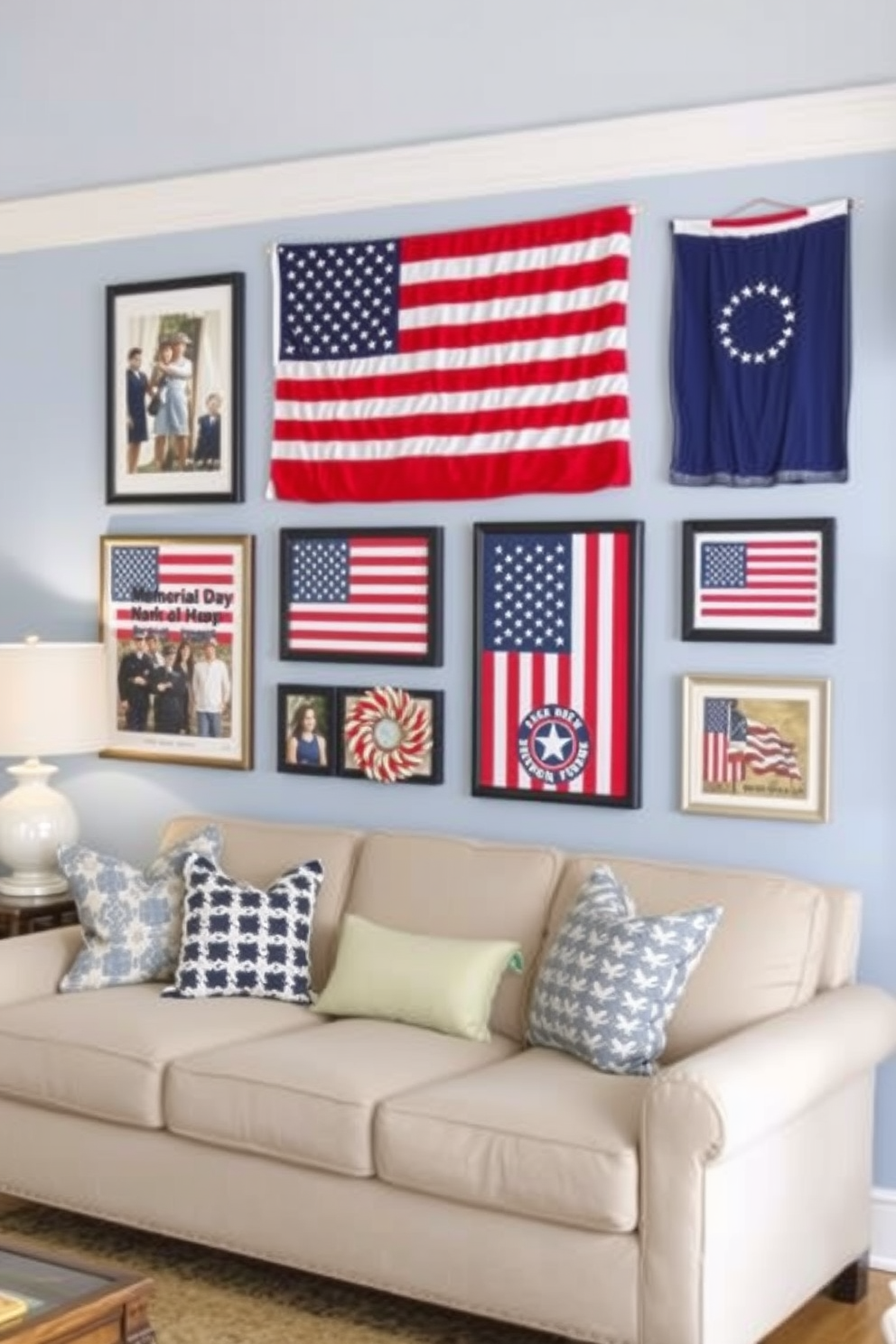 Create a cozy living room adorned with patriotic wall art featuring various flags. The walls are painted in a soft blue hue, and a comfortable sofa is placed in front of a gallery wall that showcases framed flags and Memorial Day-themed decor.