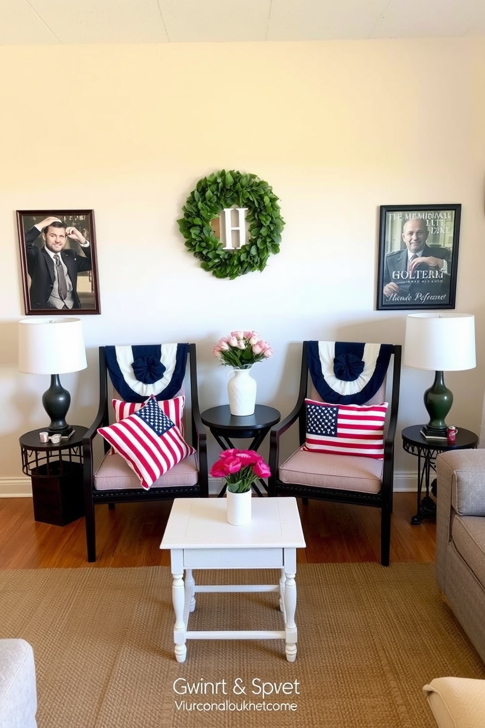 A cozy apartment living room adorned with potted flowers in vibrant red white and blue hues. The flowers are arranged in decorative pots on a rustic wooden coffee table, creating a festive atmosphere for Memorial Day celebrations. The walls are painted in a soft cream color, complementing the bright floral arrangements. A plush navy blue sofa is positioned against the wall, accented with throw pillows in matching colors to enhance the holiday theme.