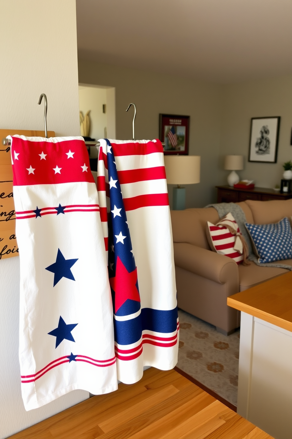 A cozy living room adorned with festive throw blankets draped over plush sofas. The blankets feature vibrant red white and blue patterns celebrating Memorial Day creating a warm and inviting atmosphere.