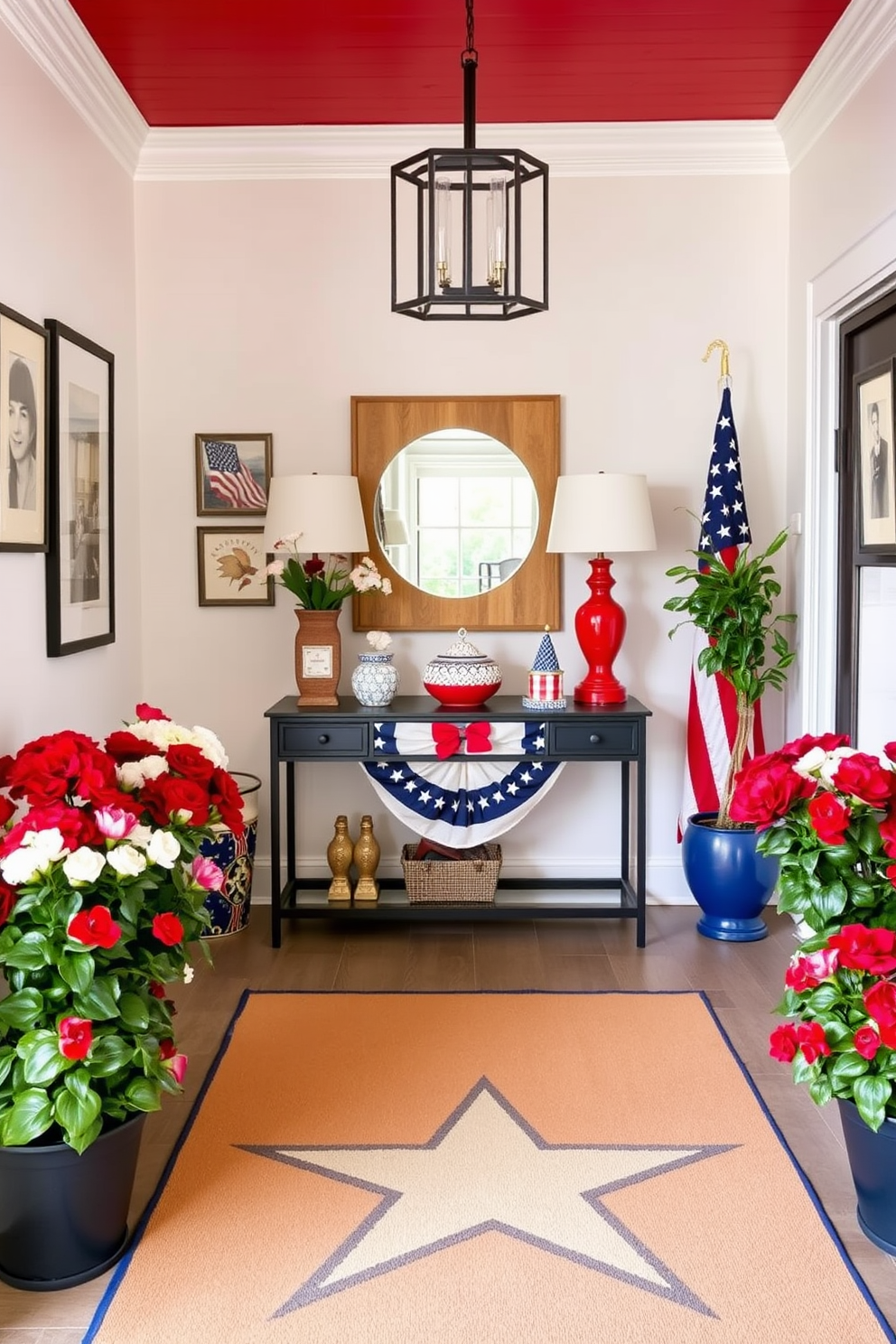 A vibrant entryway decorated in red, white, and blue to celebrate Memorial Day. The walls are adorned with patriotic artwork, and a stylish console table displays a collection of decorative items in these colors. A large area rug features a bold star pattern, anchoring the space. Potted plants with red and white flowers flank the entrance, adding a fresh touch to the festive decor.