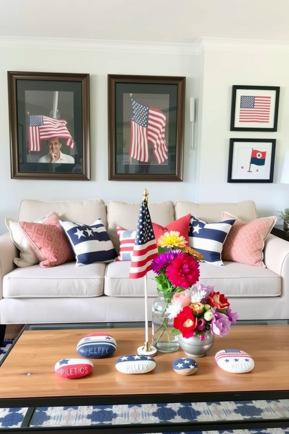 A cozy apartment living room decorated for Memorial Day. The space features a comfortable sofa adorned with red white and blue throw pillows and a coffee table displaying DIY painted rocks with patriotic designs. The walls are decorated with framed art showcasing American flags and symbols of freedom. A festive table centerpiece includes a small flag and a vase filled with seasonal flowers in vibrant colors.