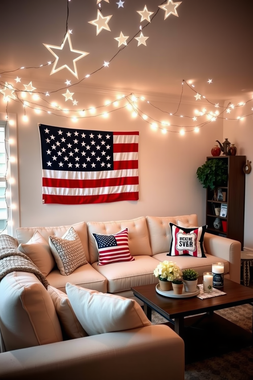 Create a cozy living room atmosphere using star shaped fairy lights draped across the ceiling and walls. Incorporate soft pillows and a textured throw blanket on a neutral-colored sofa to enhance the inviting ambiance. Design a festive Memorial Day apartment with red white and blue accents throughout the space. Feature a large flag as a focal point and include decorative elements like themed cushions and table settings to celebrate the holiday.