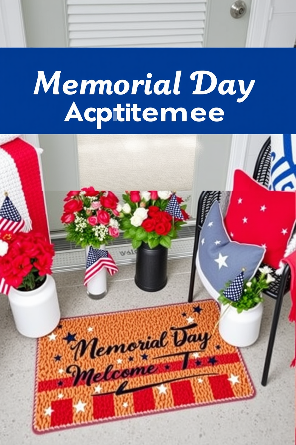 A Memorial Day themed door mat featuring a patriotic design with red white and blue colors. The mat includes stars and stripes along with a welcoming message to celebrate the holiday. Memorial Day apartment decorating ideas that incorporate small American flags and seasonal flowers in red white and blue. Use decorative pillows and throws in similar colors to create a festive and inviting atmosphere.