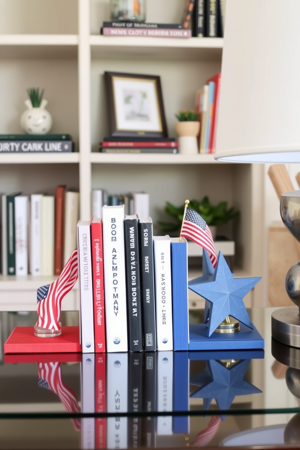 Create a cozy apartment living space featuring bookends in red, white, and blue. The bookends are styled with patriotic decor elements that celebrate Memorial Day, set against a backdrop of neutral-toned bookshelves.