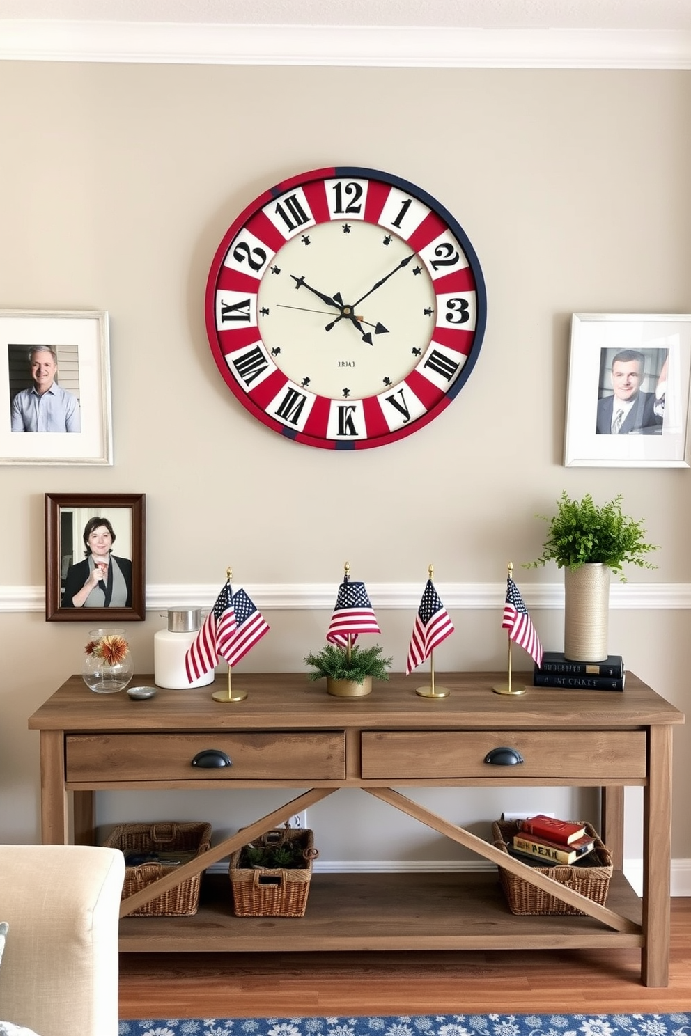 A patriotic themed wall clock is the focal point of the living room, featuring a vibrant design with stars and stripes in red, white, and blue. It is mounted above a rustic wooden console table adorned with small American flags and seasonal decorations for Memorial Day. The clock's bold colors complement the neutral tones of the surrounding decor, creating a festive yet elegant atmosphere. Flanking the clock, two framed photographs of past Memorial Day celebrations add a personal touch to the apartment's decor.