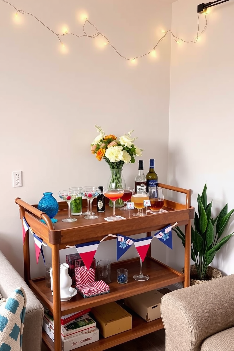 A festive drink station is set up in a cozy corner of the apartment. A wooden bar cart is adorned with red white and blue decorations including bunting and themed cocktail napkins. Colorful glassware and a selection of summer cocktails are displayed on the cart. Fresh flowers in a vase add a touch of elegance while fairy lights twinkle overhead creating a warm inviting atmosphere.