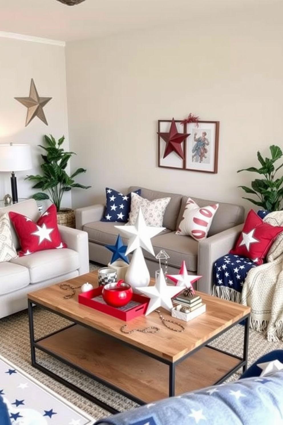 Create a cozy apartment living room featuring patriotic wall art that showcases stars and stripes in a tasteful arrangement. The artwork is framed in rustic wood, complementing the warm tones of the room's furnishings and decor. Incorporate a comfortable sofa adorned with red, white, and blue throw pillows, inviting a festive yet relaxed atmosphere. Add a coffee table with a centerpiece of fresh flowers and small American flags to enhance the Memorial Day theme.