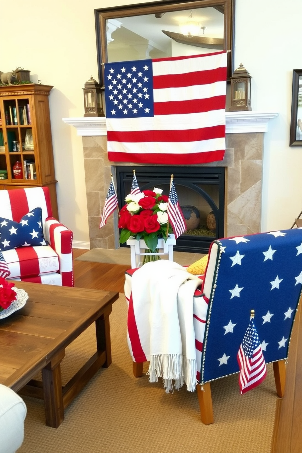 Colorful vases filled with wildflowers are strategically placed throughout the apartment, creating a vibrant and cheerful atmosphere. Each vase showcases a unique design, complementing the overall decor while celebrating the spirit of Memorial Day.