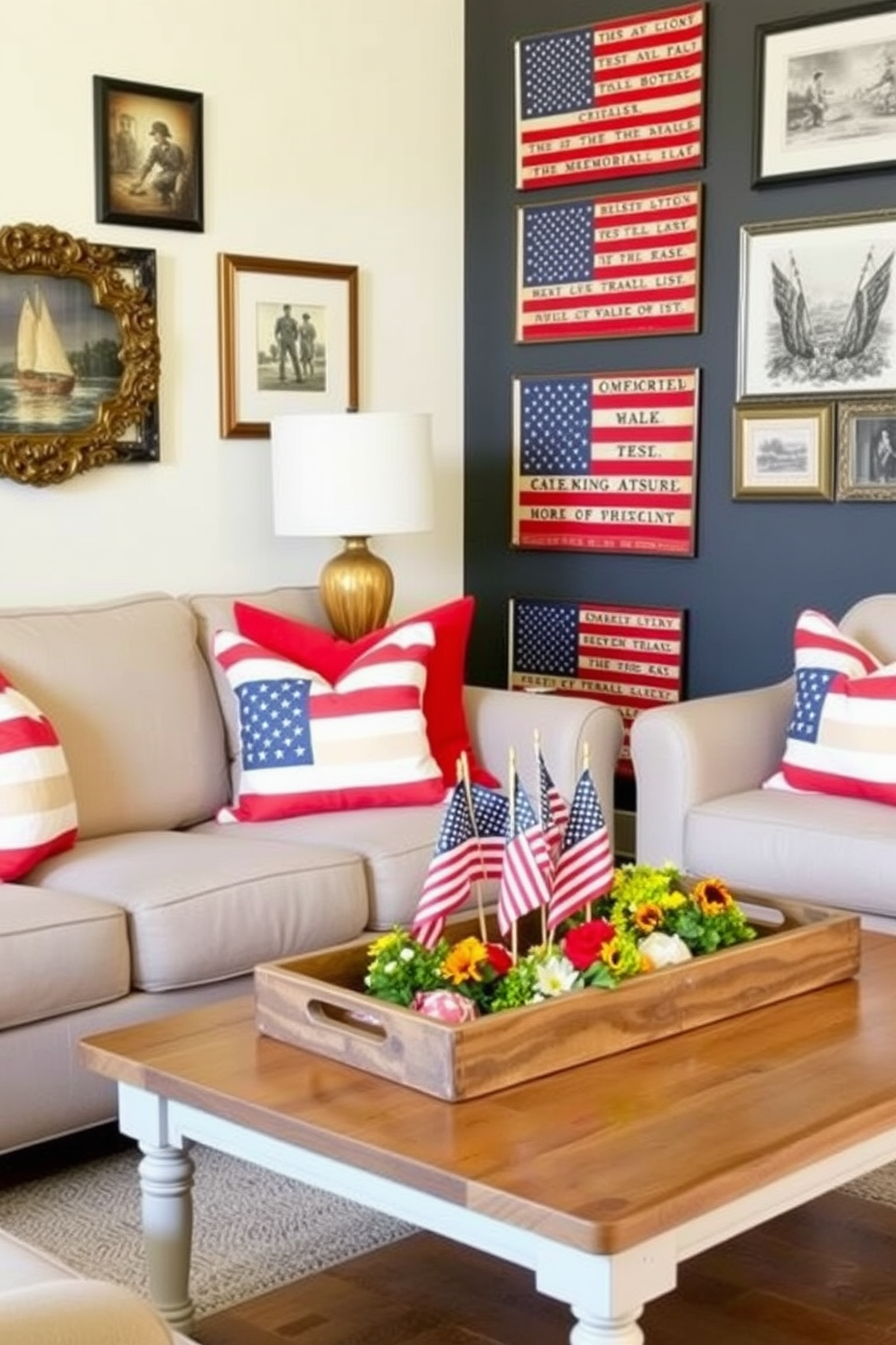 Create a cozy living room that celebrates Memorial Day with vintage American flags as decor. The space features a comfortable sofa adorned with red white and blue throw pillows and a coffee table decorated with a rustic wooden tray holding small flags and seasonal flowers. Incorporate a gallery wall that showcases framed vintage American flags alongside patriotic-themed artwork. Use warm lighting to create an inviting atmosphere perfect for gathering with friends and family during the holiday.