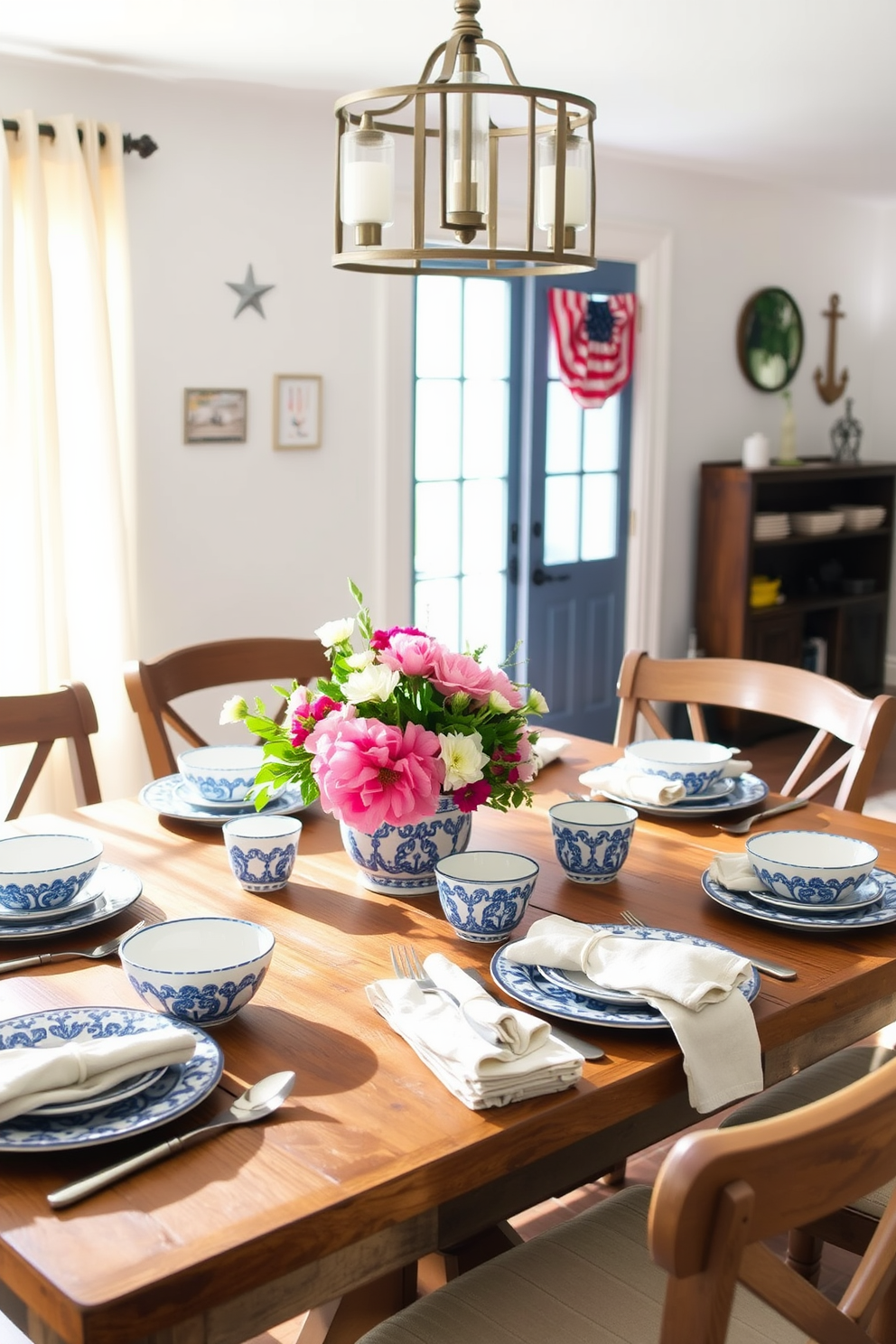 A charming dining area featuring blue and white patterned dishware arranged elegantly on a rustic wooden table. The table is set with matching plates, bowls, and cups, complemented by a vibrant floral centerpiece and soft linen napkins. The walls are adorned with subtle nautical-themed decor, evoking a breezy coastal vibe for Memorial Day celebrations. Natural light pours in through sheer curtains, creating an inviting atmosphere perfect for gathering with friends and family.