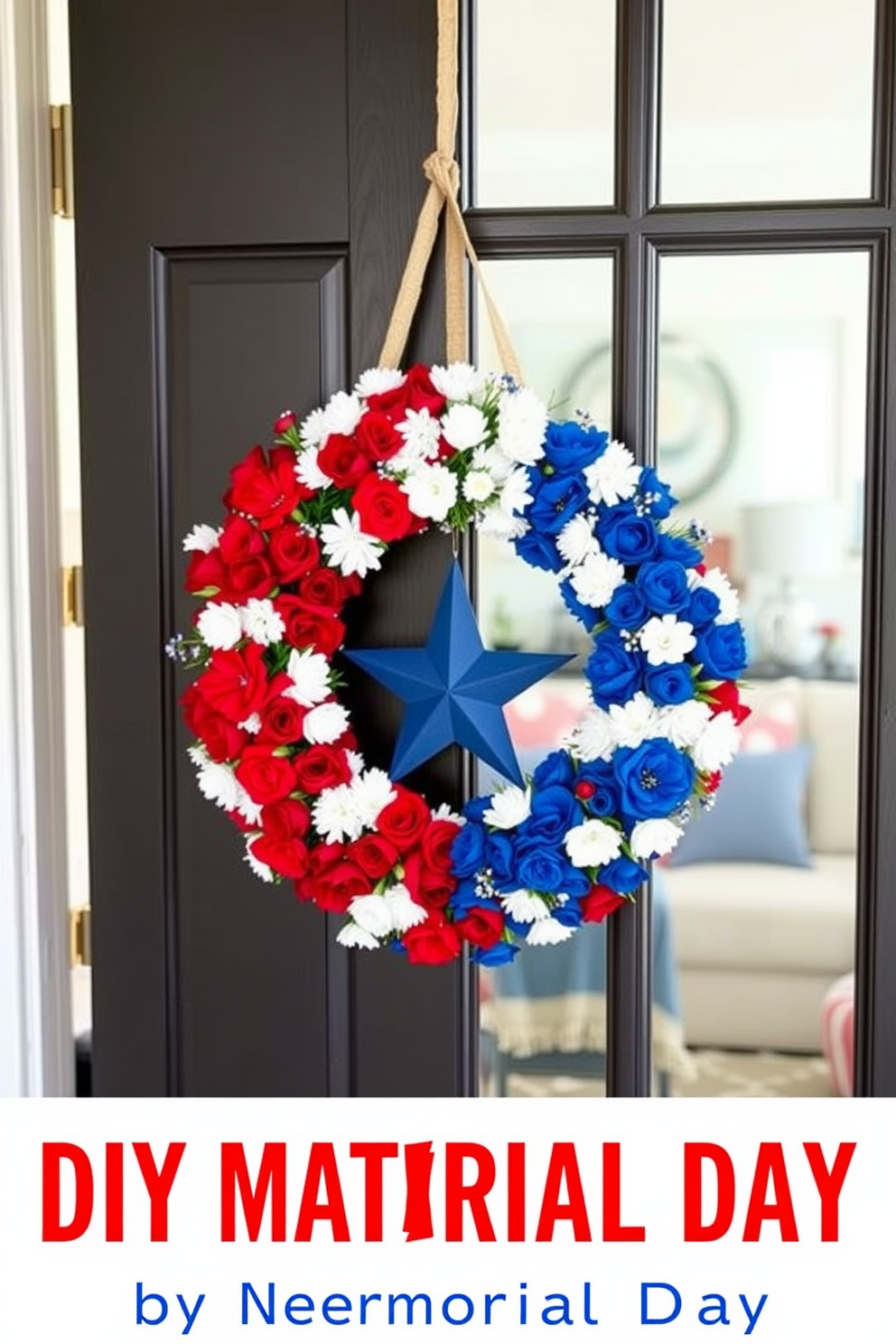 A charming DIY patriotic wreath adorns the front door, crafted from a mix of red, white, and blue flowers. The wreath features a central star motif, symbolizing unity and celebration for Memorial Day. Inside the apartment, festive decorations enhance the patriotic theme with subtle touches of red, white, and blue throughout the space. Cushions and throws in these colors are placed on the sofa, creating a cozy and inviting atmosphere for the holiday.