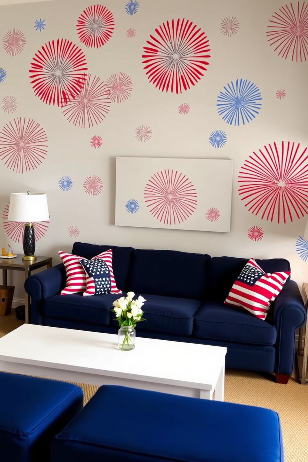 Create a vibrant living room adorned with firework themed wall decals that celebrate Memorial Day. The walls are decorated with colorful bursts of red, white, and blue, creating a festive atmosphere perfect for summer gatherings. Incorporate a cozy seating area with a navy blue sofa and a white coffee table. Add decorative pillows featuring stars and stripes to enhance the patriotic theme while maintaining a stylish look.