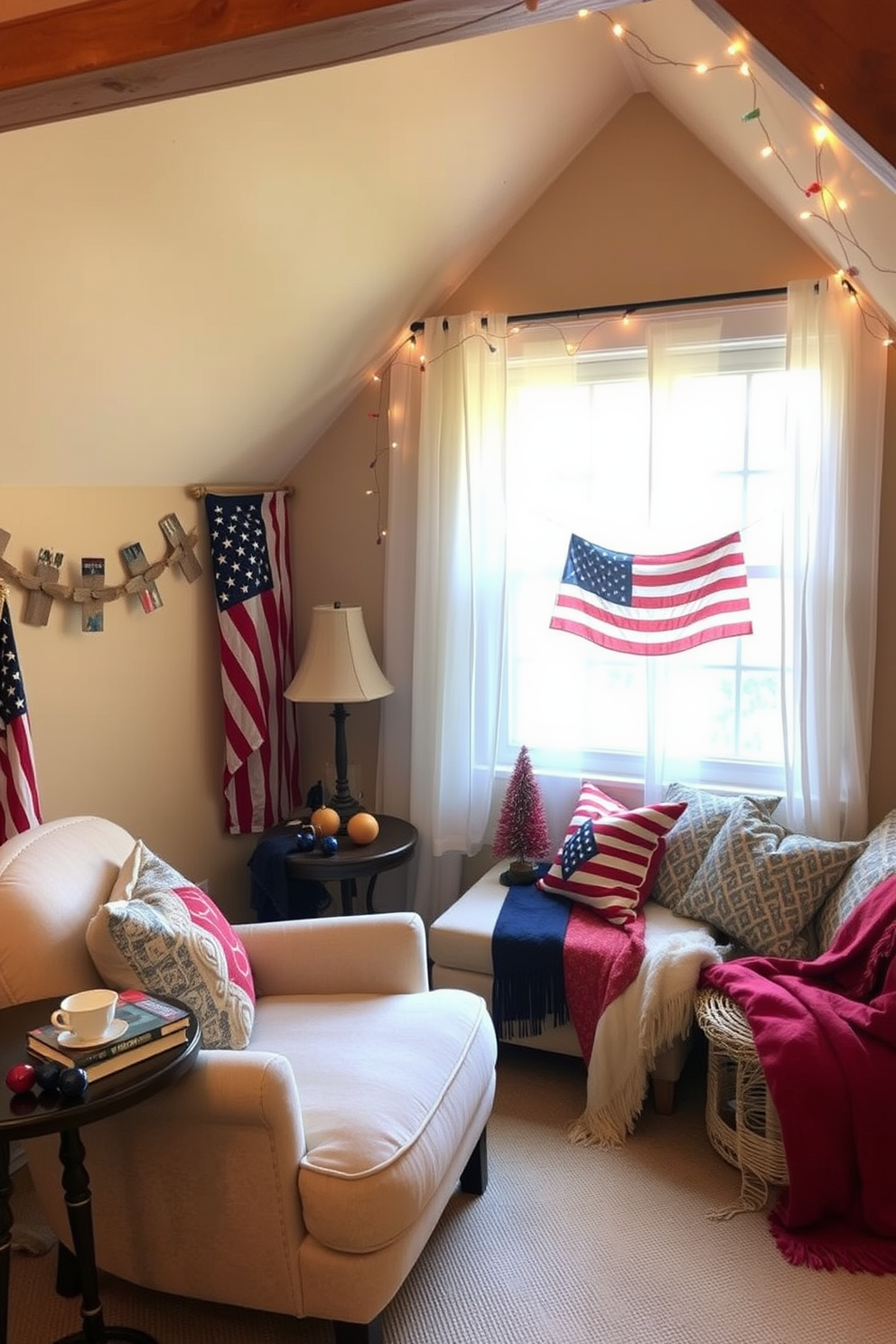 Cozy reading nook with soft lighting. A plush armchair is positioned next to a large window, draped with sheer curtains that allow natural light to filter in. A small side table holds a stack of books and a steaming cup of tea. The walls are painted in a warm beige, and a soft area rug adds comfort underfoot. Memorial Day Attic Decorating Ideas. Vintage flags and patriotic-themed decor are arranged thoughtfully throughout the space. A comfortable seating area is created with a mix of cushions and throws in red, white, and blue hues. Twinkling fairy lights are strung along the beams, adding a festive touch to the attic's rustic charm.