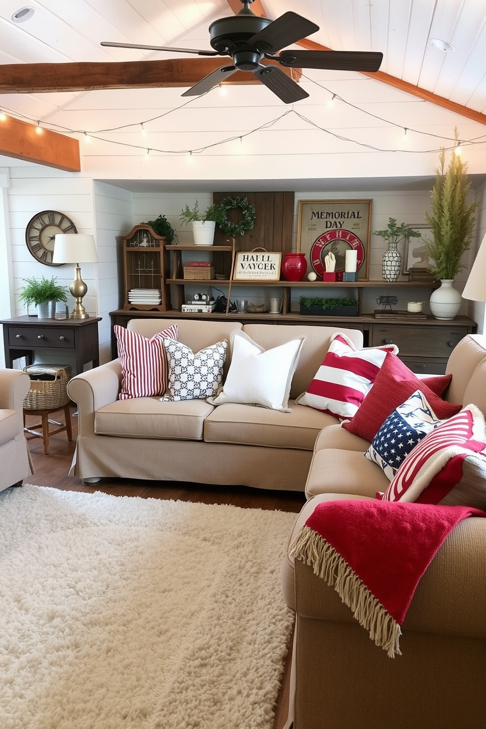 A soft area rug in a cozy living room setting adds warmth and comfort underfoot. The rug features a plush texture and a subtle color palette that complements the surrounding furniture. For Memorial Day, the attic is decorated with patriotic accents and vintage decor. Red, white, and blue throw pillows adorn a rustic wooden bench, while string lights create a festive atmosphere.