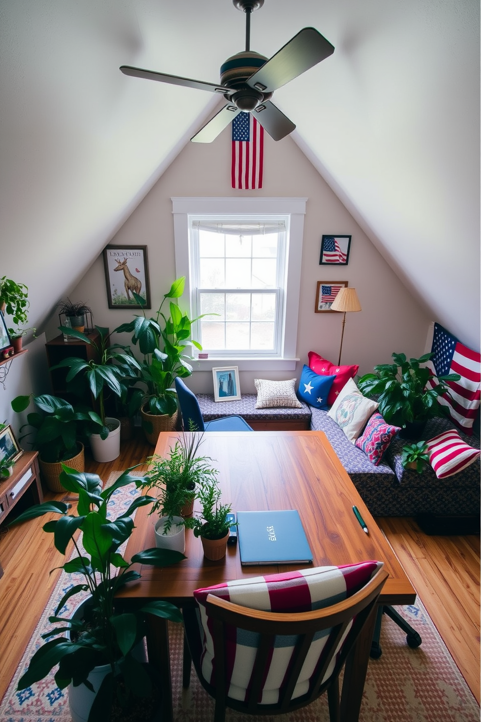 Creative workspace with inspiring decor. The room features a large wooden desk facing a window, surrounded by plants and colorful artwork on the walls. Memorial Day Attic Decorating Ideas. The attic is transformed with patriotic-themed decor, including red, white, and blue cushions on a cozy seating area and vintage flags displayed on the walls.