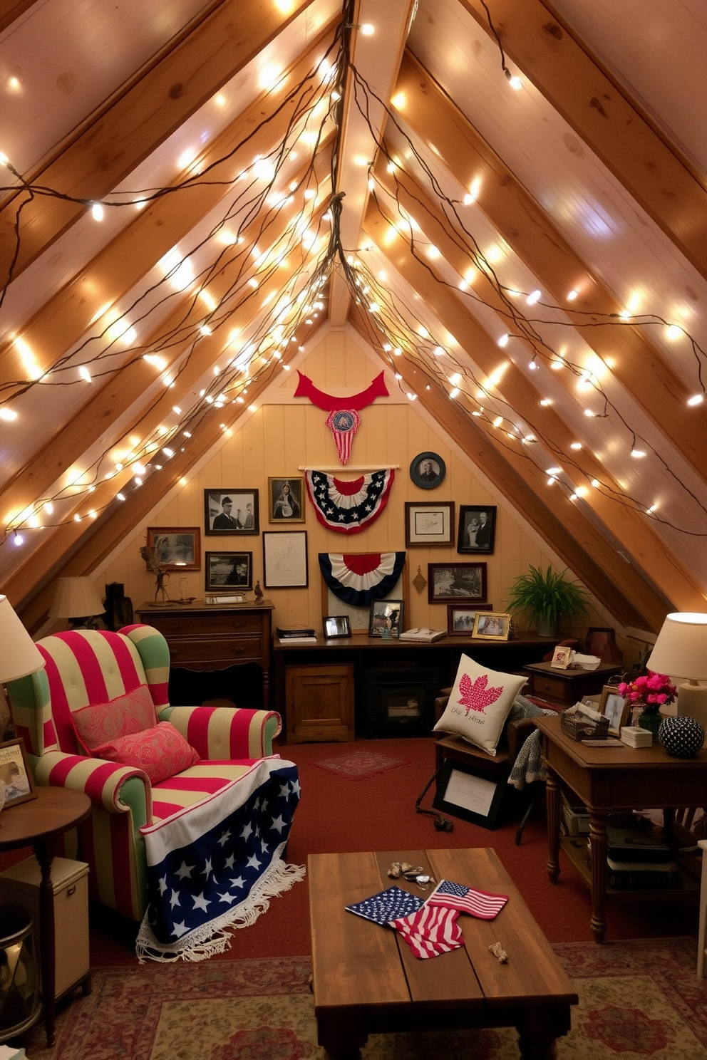 A cozy attic space adorned with whimsical fairy lights strung across the beams, creating a warm and inviting ambiance. Vintage furniture pieces are scattered throughout, including a colorful armchair and a rustic wooden table, enhancing the charming atmosphere. For Memorial Day, the attic is decorated with red, white, and blue accents, featuring a patriotic-themed throw blanket draped over the sofa. A collection of framed photographs and memorabilia from past celebrations adds a personal touch to the festive decor.