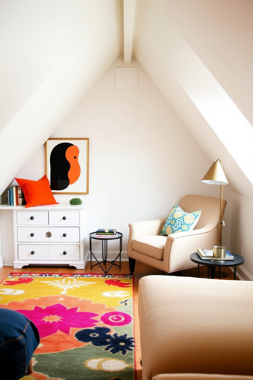 Create a serene attic space that features neutral tones on the walls and furniture, creating a calming atmosphere. Incorporate bold accent pieces such as a vibrant area rug and colorful throw pillows to add visual interest and personality. Design a cozy reading nook in the attic with a comfortable armchair upholstered in a soft beige fabric. Add a striking floor lamp with a unique design and a small side table to hold books and beverages, enhancing the inviting ambiance.