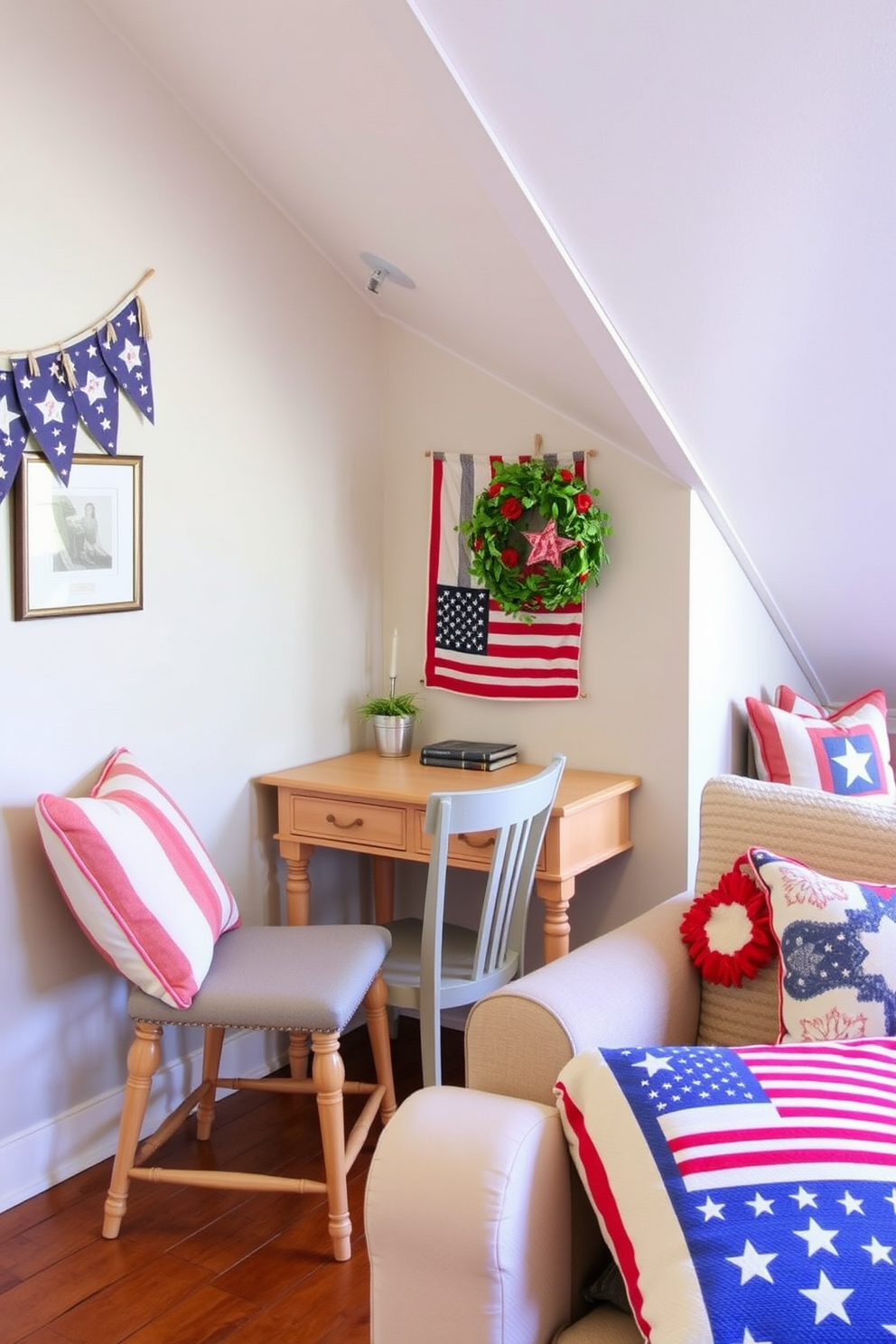 A festive dining table adorned with a stars and stripes table runner that captures the spirit of Memorial Day. Surrounding the table are rustic wooden chairs, each with a small American flag placed on the seat. An inviting attic space transformed into a cozy retreat with vintage decor elements. Soft lighting illuminates the area, highlighting a mix of patriotic-themed cushions and a charming quilt draped over a plush armchair.