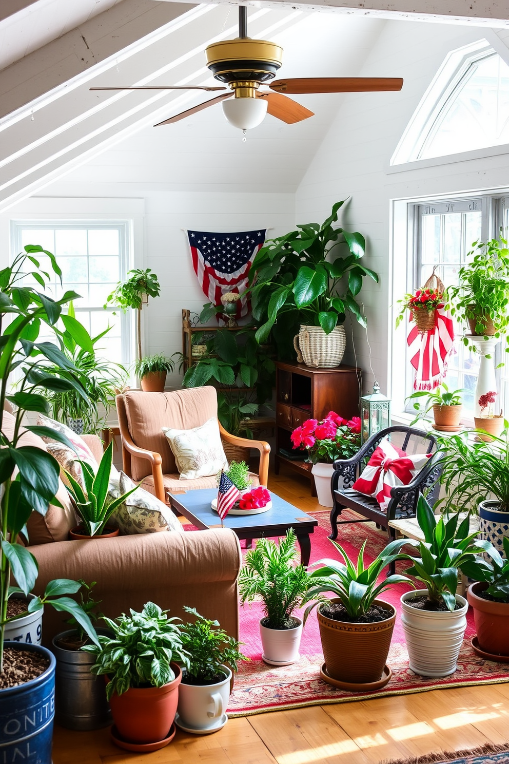 Seasonal cushions with patriotic prints are placed on a cozy sectional sofa, adding a festive touch to the living room. The cushions feature red, white, and blue designs, creating a welcoming atmosphere for family gatherings. In the attic, vintage decor elements are combined with modern touches to create a unique space. Soft lighting illuminates the area, showcasing a mix of rustic wooden furniture and colorful accents that celebrate the spirit of Memorial Day.