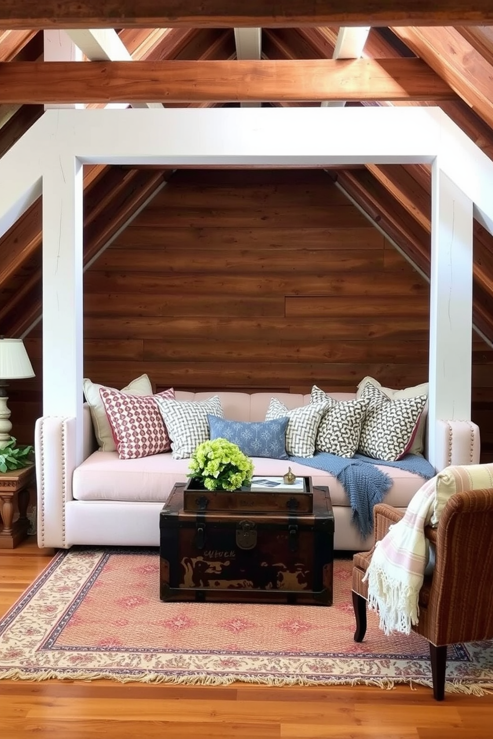 A cozy attic space decorated for Memorial Day featuring hanging paper lanterns in red, white, and blue. The lanterns cast a warm glow over a collection of vintage furniture, creating an inviting atmosphere for relaxation and celebration.