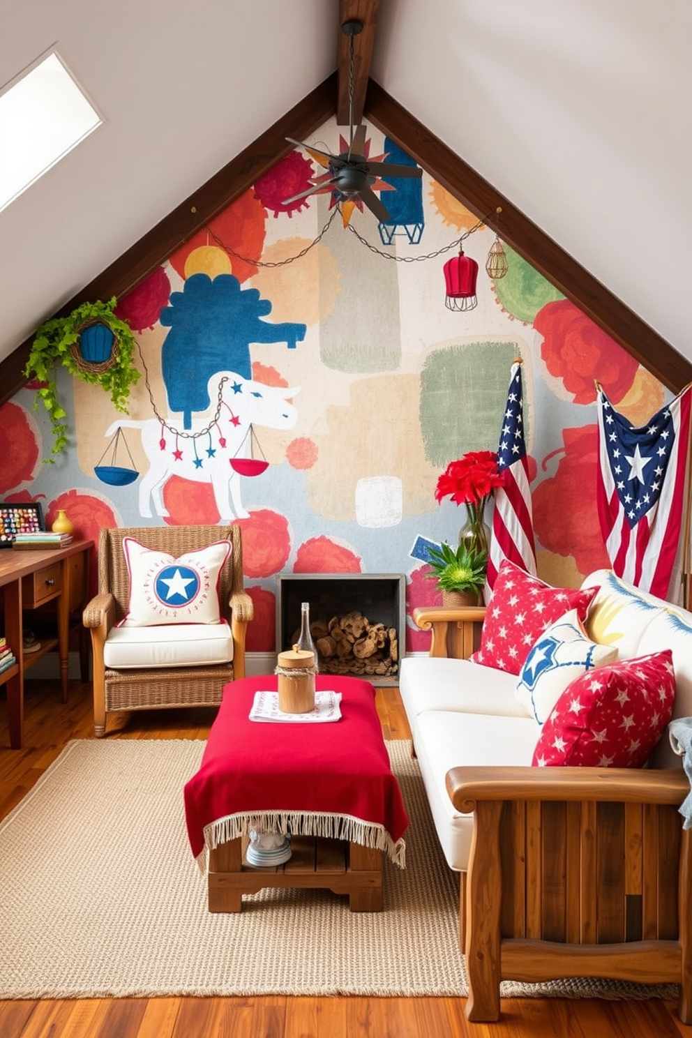 Artistic mural to enhance the space. The mural features vibrant colors and abstract shapes that create a focal point on the main wall, adding depth and personality to the room. Memorial Day Attic Decorating Ideas. The attic is transformed into a cozy retreat with patriotic decor, including red, white, and blue cushions, vintage flags, and rustic wooden furniture for a festive atmosphere.