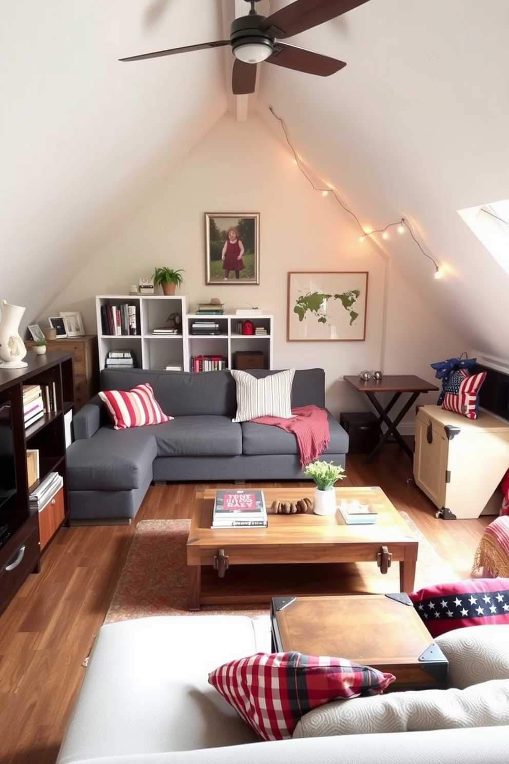 A cozy living room features a stylish sofa that converts into a bed, accompanied by a sleek coffee table that doubles as a storage unit. The space is enhanced by a modular bookshelf that can be rearranged to suit different needs, with a warm color palette of soft grays and earthy tones. The attic is transformed into a charming retreat with a vintage trunk serving as a coffee table and a foldable desk tucked into a corner. Soft lighting from string lights creates a welcoming atmosphere, while colorful cushions and throws add a festive touch for Memorial Day.