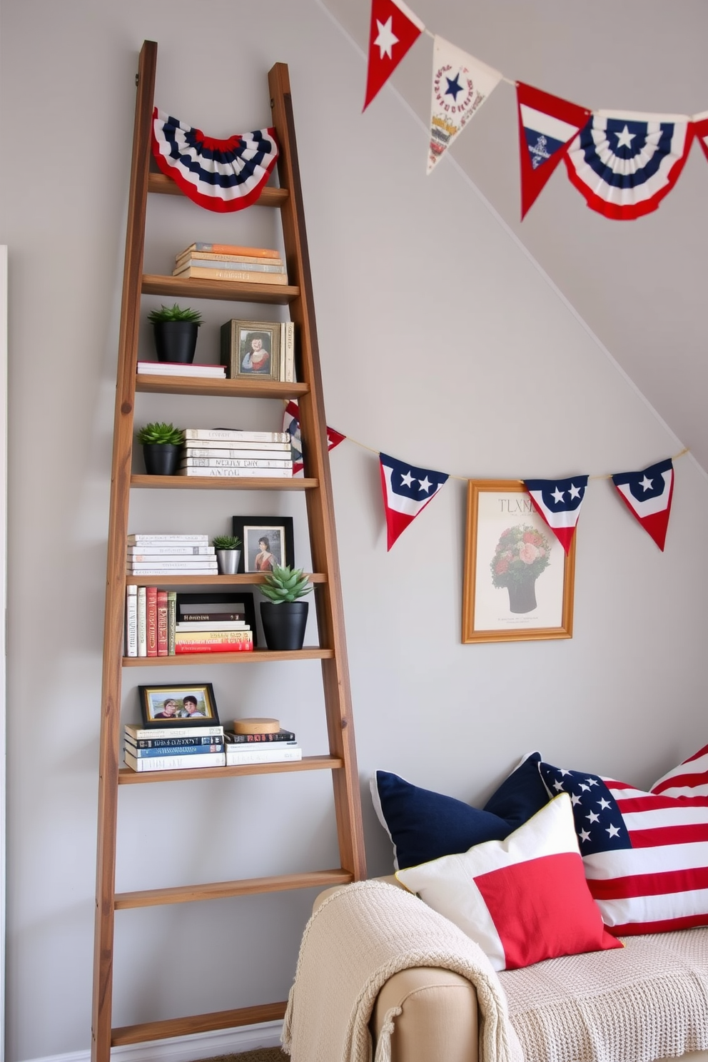 A stylish ladder shelf made of reclaimed wood leans against a soft gray wall. It is adorned with a curated collection of vintage books, potted succulents, and framed photographs that evoke cherished memories. For a festive Memorial Day theme, the attic is decorated with red, white, and blue accents. Bunting flags hang from the rafters, and a cozy seating area features patriotic throw pillows and a woven blanket, perfect for gatherings.