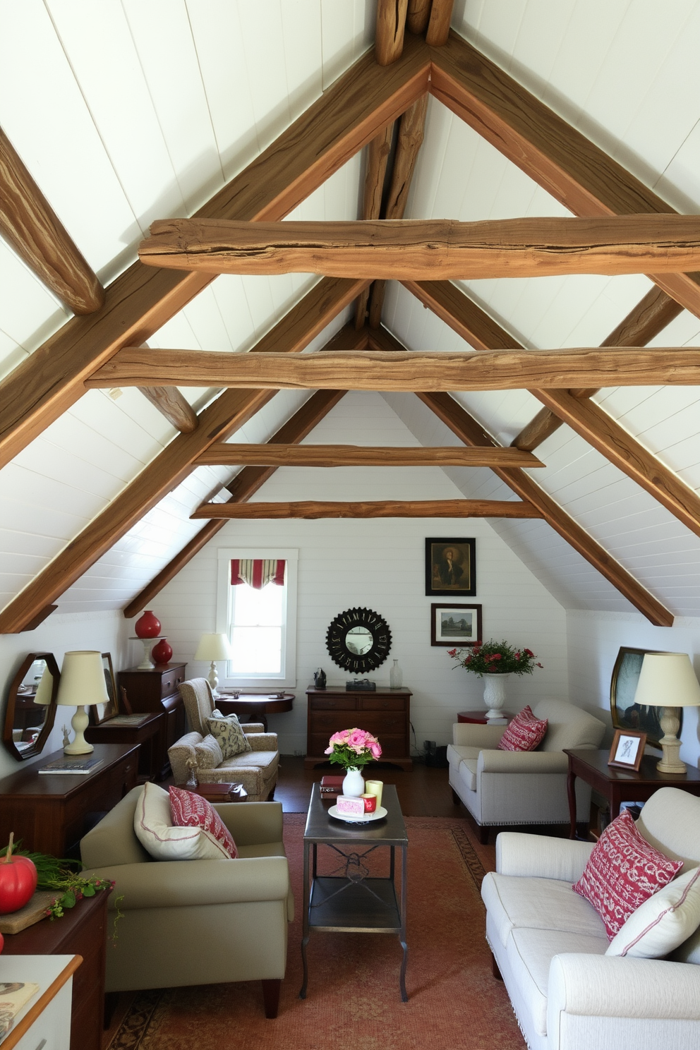 A cozy attic space with rustic wood beams exposed against crisp white walls. The room is adorned with vintage decor and comfortable seating, creating a warm and inviting atmosphere for Memorial Day gatherings.