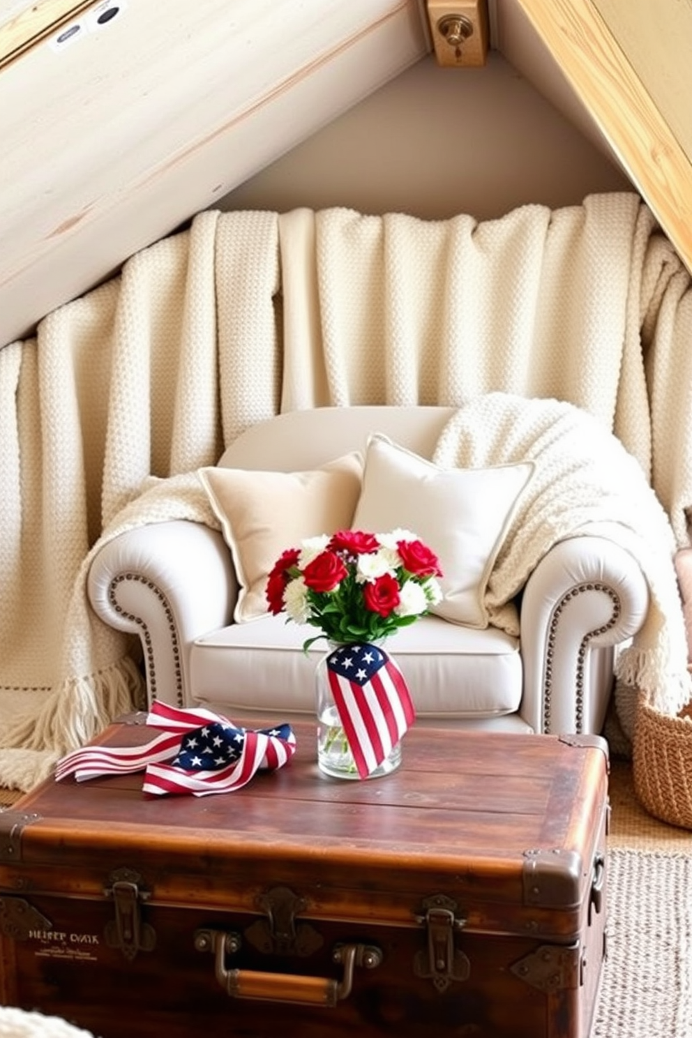 A cozy attic space adorned with textured throws in various shades of cream and beige. The throws are draped over a plush armchair, inviting relaxation and warmth. Incorporate patriotic decor elements to celebrate Memorial Day. A vintage trunk serves as a coffee table, topped with a small bouquet of red, white, and blue flowers.