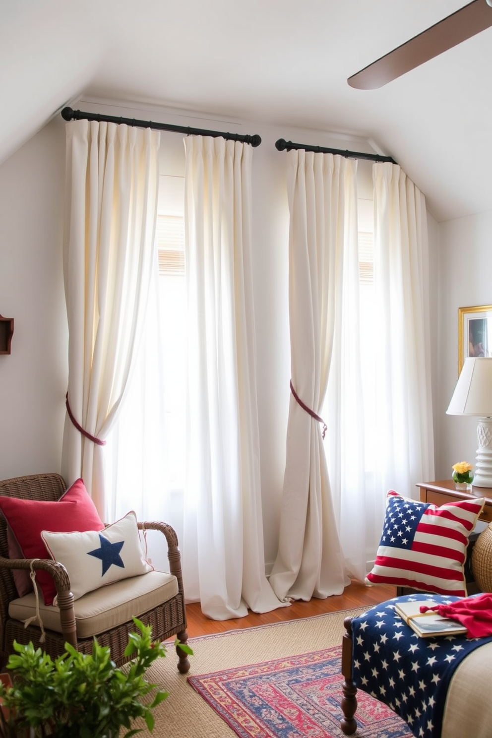 A patriotic themed book display on shelves featuring red white and blue book covers arranged in an eye catching manner. Small decorative items like stars and stripes accents are interspersed among the books to enhance the theme. Memorial Day attic decorating ideas that incorporate vintage military memorabilia and seasonal decor. Soft lighting and cozy seating create a welcoming space for reflection and remembrance.