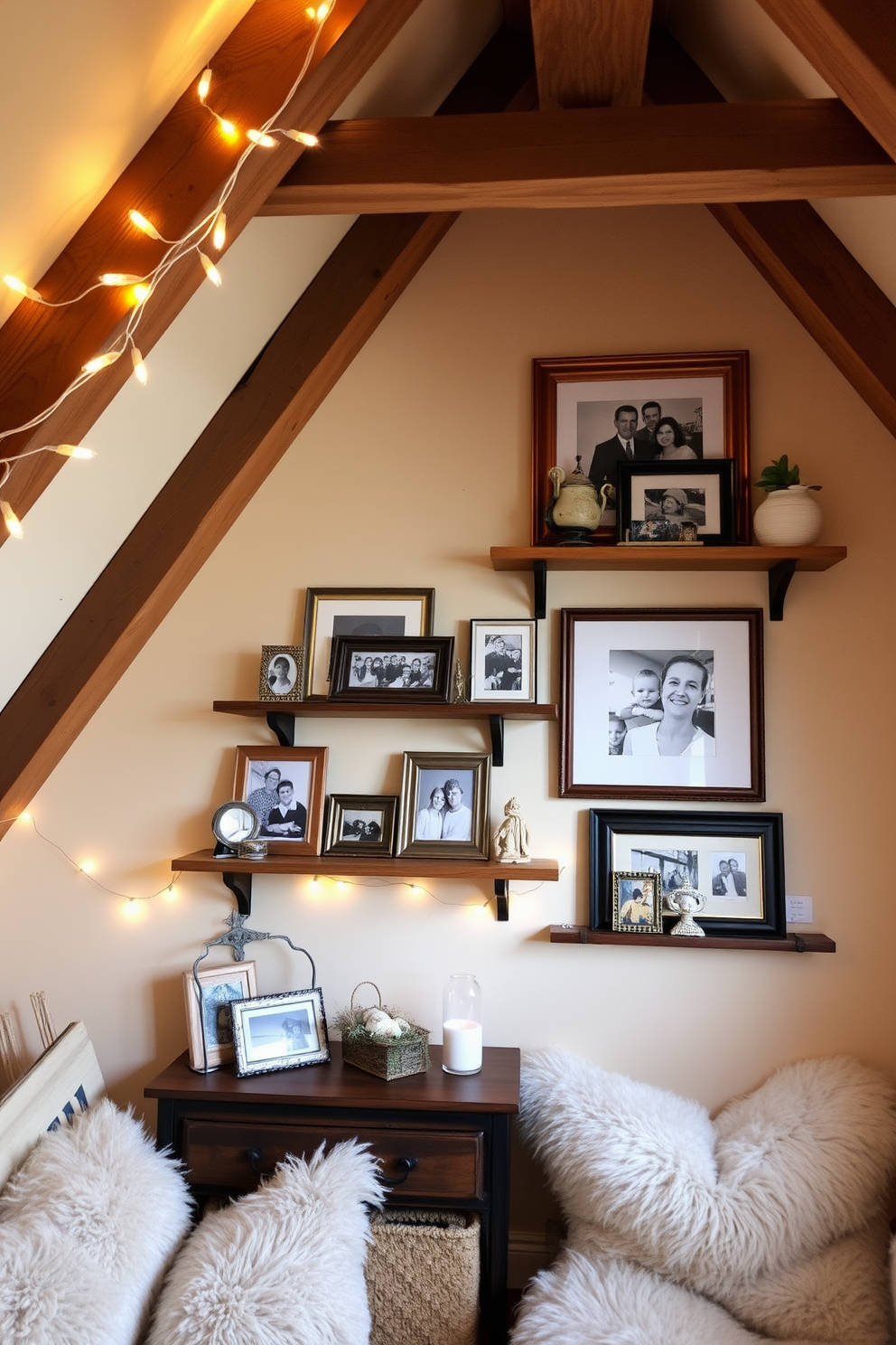 Create a cozy attic space that honors cherished memories. Incorporate personalized photo frames displaying family photos and mementos, arranged on wooden shelves alongside vintage decor items. Use soft lighting to enhance the warm atmosphere, with fairy lights strung across exposed beams. Add comfortable seating with plush cushions, inviting reflection and remembrance in this special area.