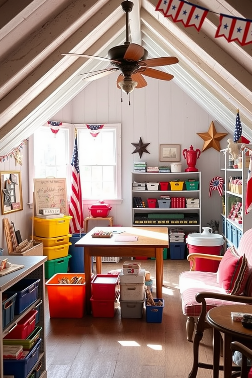 Craft corner for creative projects. A bright and airy space filled with natural light, featuring a large wooden table surrounded by colorful storage bins and shelves filled with art supplies. Memorial Day Attic Decorating Ideas. A cozy attic transformed into a festive gathering space, adorned with red, white, and blue accents, vintage furniture, and patriotic-themed decorations that evoke a sense of nostalgia.