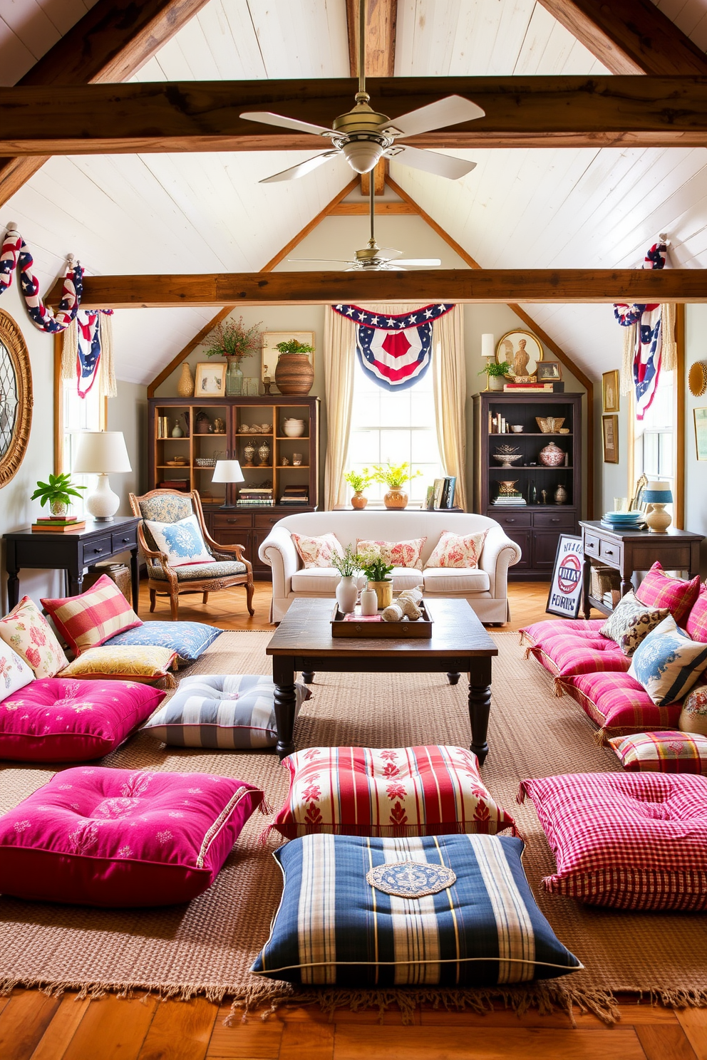 Cozy reading nook with patriotic colors. A comfortable armchair upholstered in red fabric is positioned next to a small wooden side table. The walls are painted in a soft blue hue, complemented by white bookshelves filled with an array of books and decorative items. A woven basket sits on the floor, holding cozy blankets, while a small flag-themed throw pillow adds a festive touch. Memorial Day attic decorating ideas. The space features a rustic wooden bench adorned with red, white, and blue cushions for a welcoming feel. Hanging string lights create a warm ambiance, while a collection of framed vintage photographs and patriotic memorabilia line the walls, celebrating the holiday spirit.