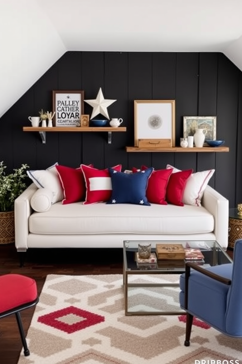 A seasonal table setting for Memorial Day featuring a patriotic theme. The table is adorned with red white and blue dishes along with fresh flowers in a vase. Attic decorated as a cozy retreat with vintage furniture and soft lighting. The space includes a comfortable reading nook with a plush armchair and a small bookshelf filled with classic novels.