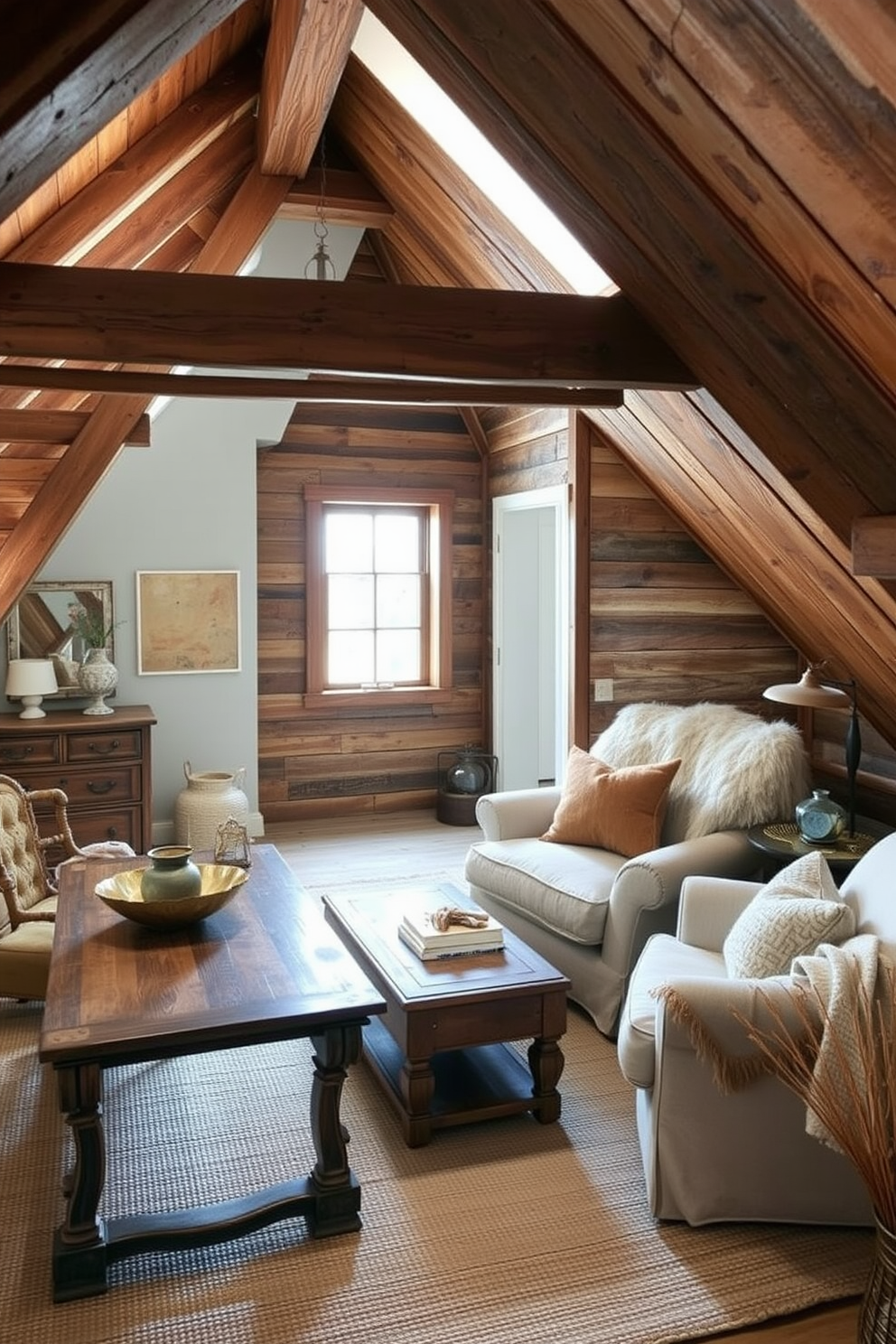 Create a cozy attic space decorated with patriotic themed wall decals that celebrate Memorial Day. The walls are adorned with stars and stripes in red white and blue while a vintage trunk serves as a unique coffee table in the center.