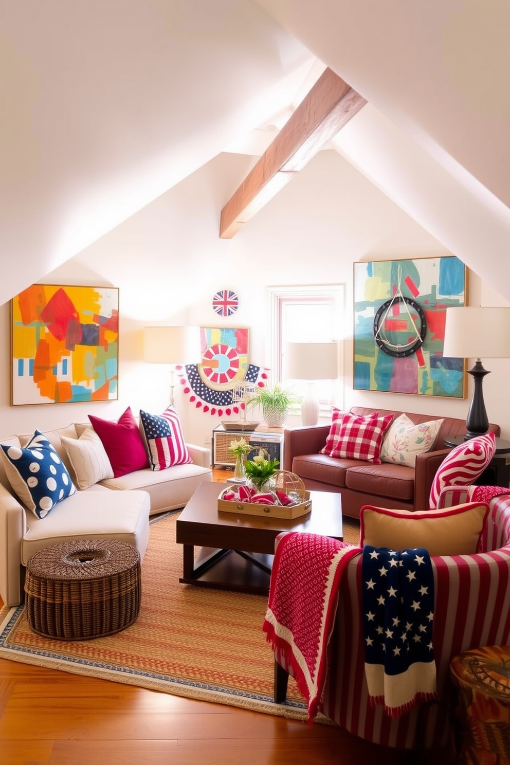 A decorative ladder is leaning against the wall, adorned with soft, cozy blankets and plush pillows in red, white, and blue hues. The attic space is brightened with natural light streaming through a small window, creating a warm and inviting atmosphere for Memorial Day celebrations.