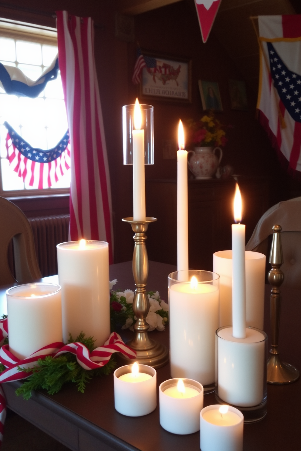 Create a cozy attic space decorated for Memorial Day. Incorporate miniature flags placed in various potted plants throughout the room to celebrate the holiday. Use a mix of rustic wooden furniture and soft textiles to enhance the inviting atmosphere. Add decorative elements like vintage photo frames and red, white, and blue accents to tie in the theme.