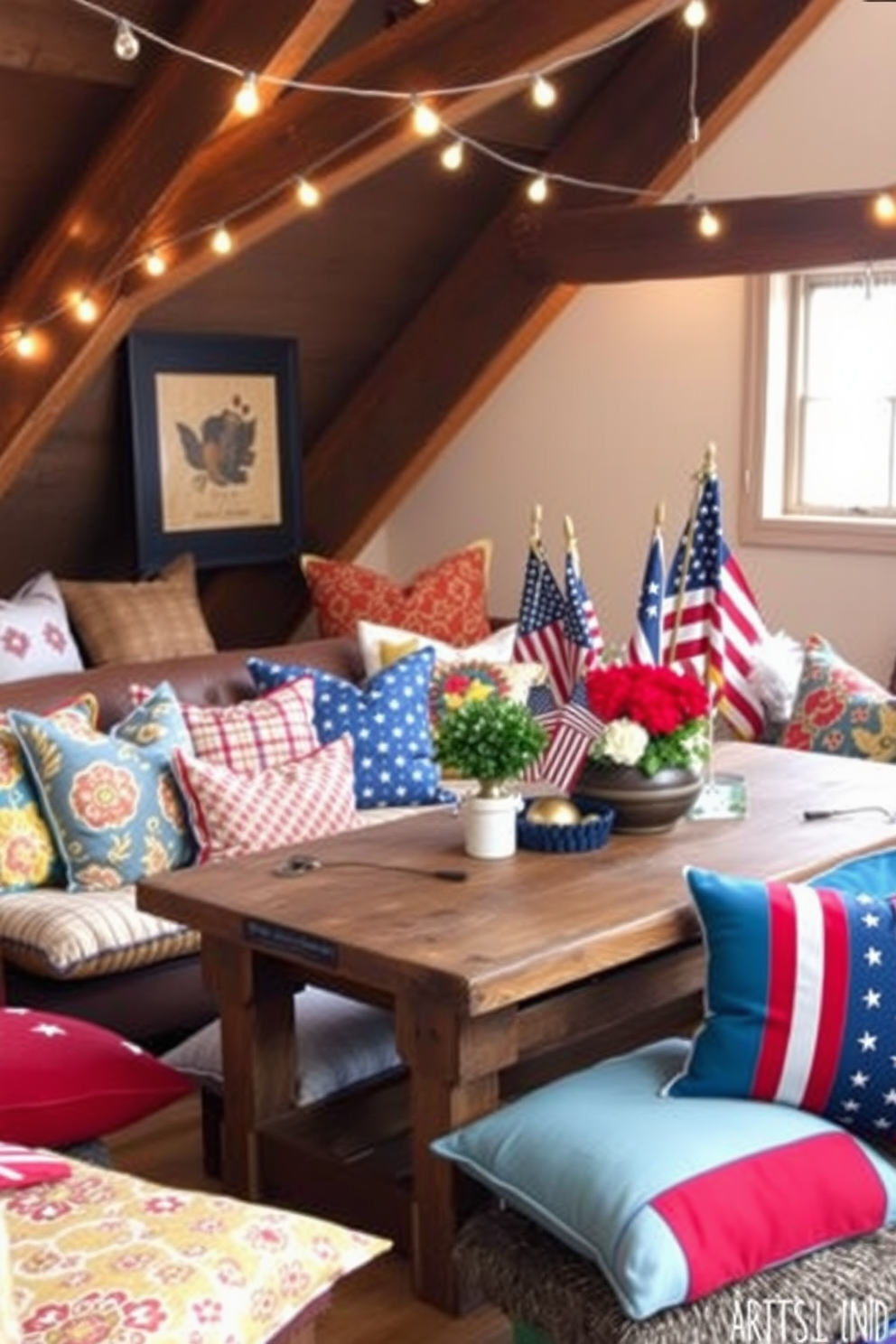 Colorful cushions in various patterns and textures are scattered across a cozy seating area, adding a vibrant touch to the room. The cushions feature bright colors like red, blue, and yellow, creating a cheerful and inviting atmosphere. Memorial Day attic decorating ideas include a rustic wooden table adorned with patriotic decorations and a collection of vintage flags. Soft lighting from string lights enhances the warm ambiance, making the attic a perfect space for gathering and celebration.