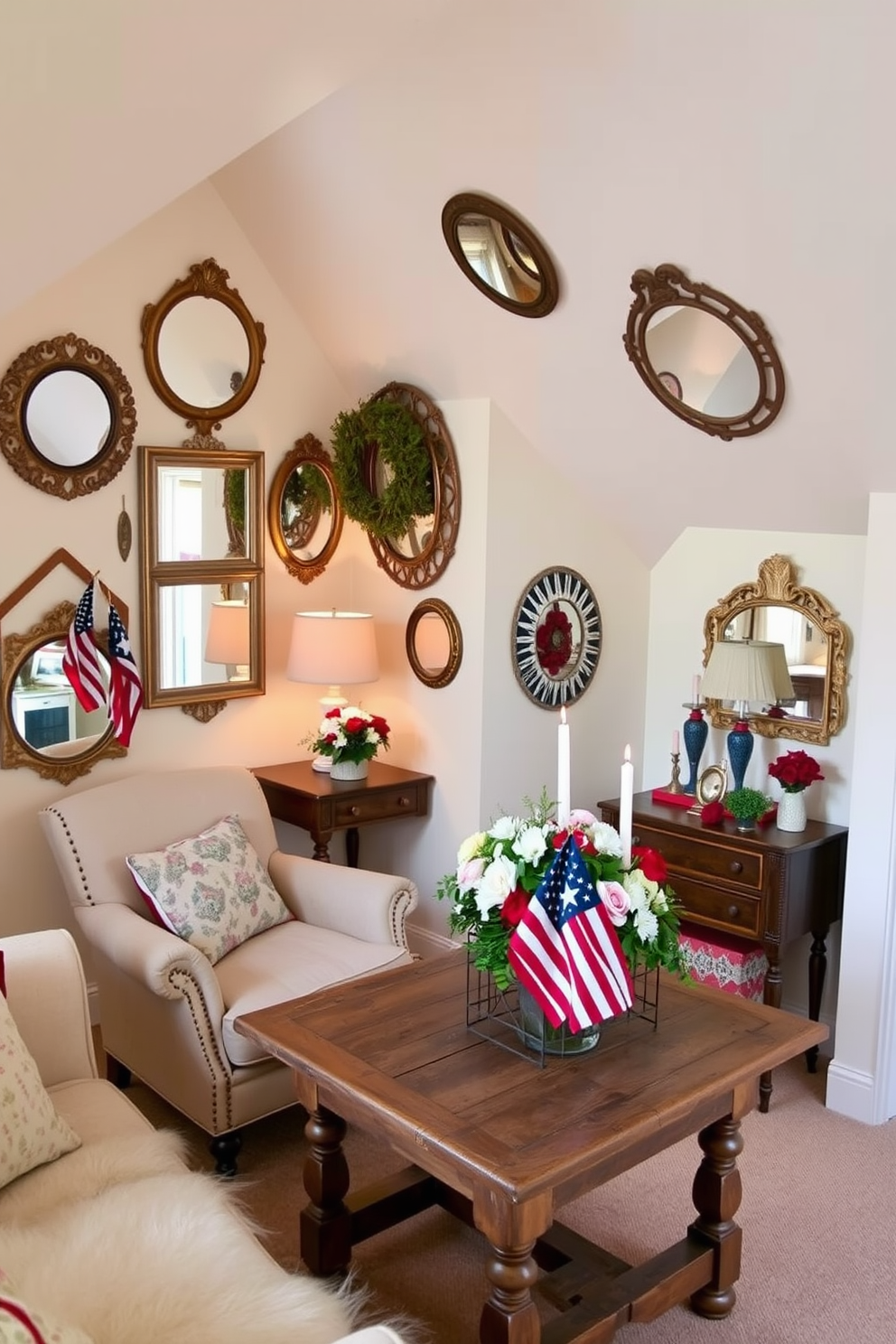 A cozy attic space adorned with vintage mirrors that reflect natural light and create a sense of depth. The walls are painted in soft pastels, and a comfortable seating area with a plush armchair invites relaxation. Decorative elements celebrate Memorial Day, featuring red, white, and blue accents throughout the room. A rustic wooden table displays a festive arrangement of flowers and candles, enhancing the warm atmosphere.