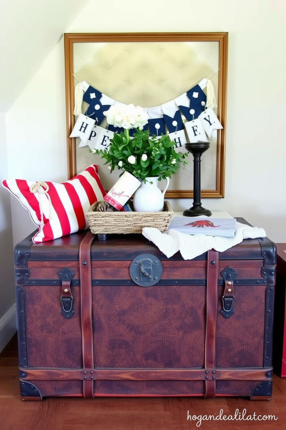 A vintage trunk serves as a stylish storage solution, adding character to any room. It is adorned with leather straps and intricate metal accents, making it a charming focal point. For Memorial Day, consider decorating your attic with patriotic themes. Incorporate red, white, and blue accents through throw pillows, banners, and seasonal decor to create a festive atmosphere.