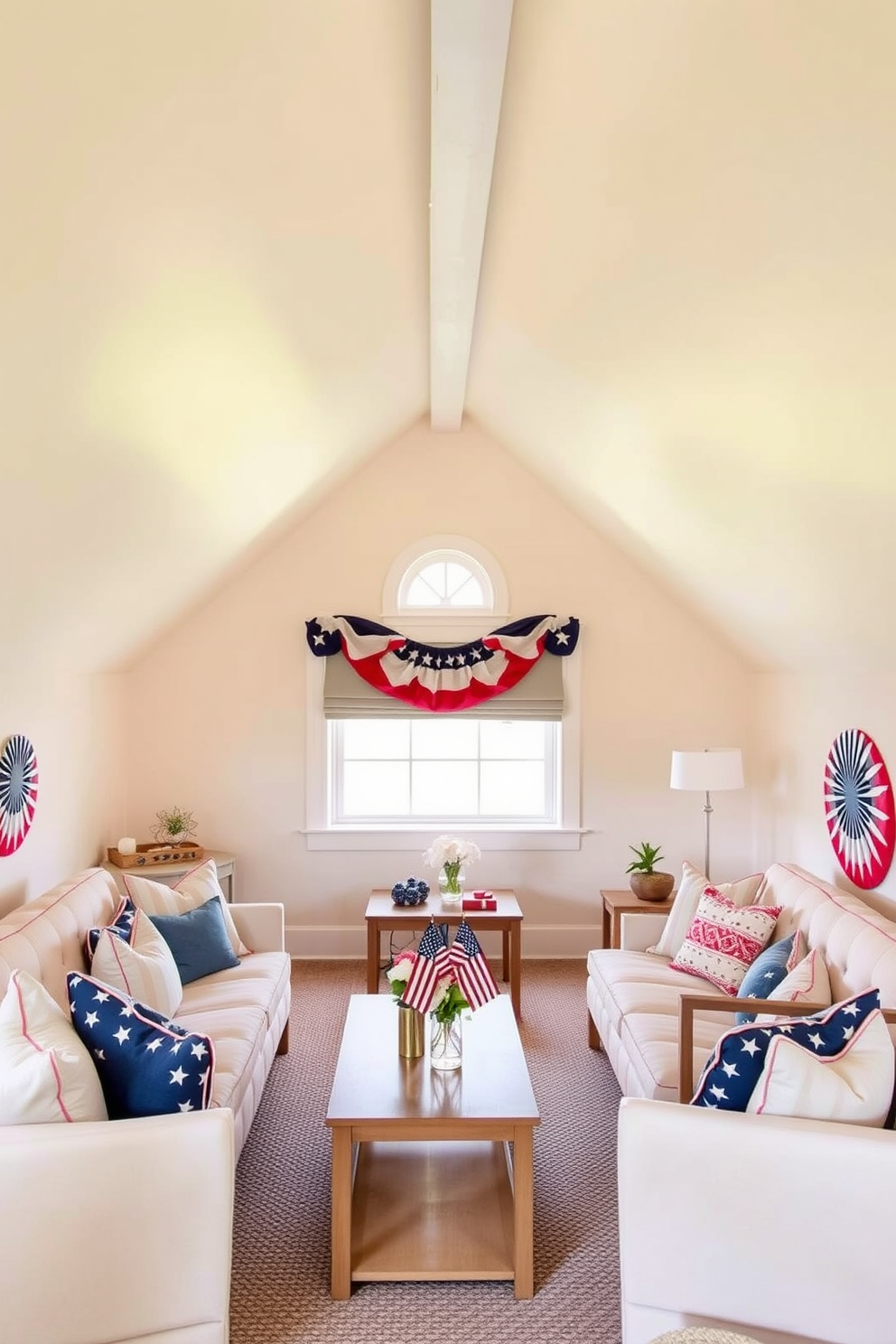 A festive table centerpiece with vibrant flowers is arranged in a large glass vase. The table is adorned with a crisp white tablecloth, and small American flags are placed among the blooms. For Memorial Day, the attic is decorated with red, white, and blue accents to celebrate the occasion. Vintage photographs and patriotic bunting are displayed alongside cozy seating to create a welcoming atmosphere.