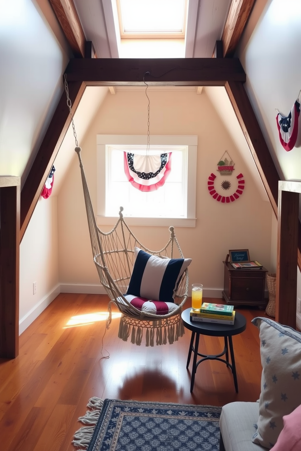 A cozy attic space features a stylish hammock chair suspended from the beams, creating a perfect spot for relaxation. Soft, natural light filters through a small window, illuminating the warm wooden floors and inviting decor. The walls are adorned with cheerful decorations celebrating Memorial Day, including red, white, and blue accents. A small side table beside the hammock holds a refreshing drink and a stack of summer-themed books, enhancing the laid-back atmosphere.