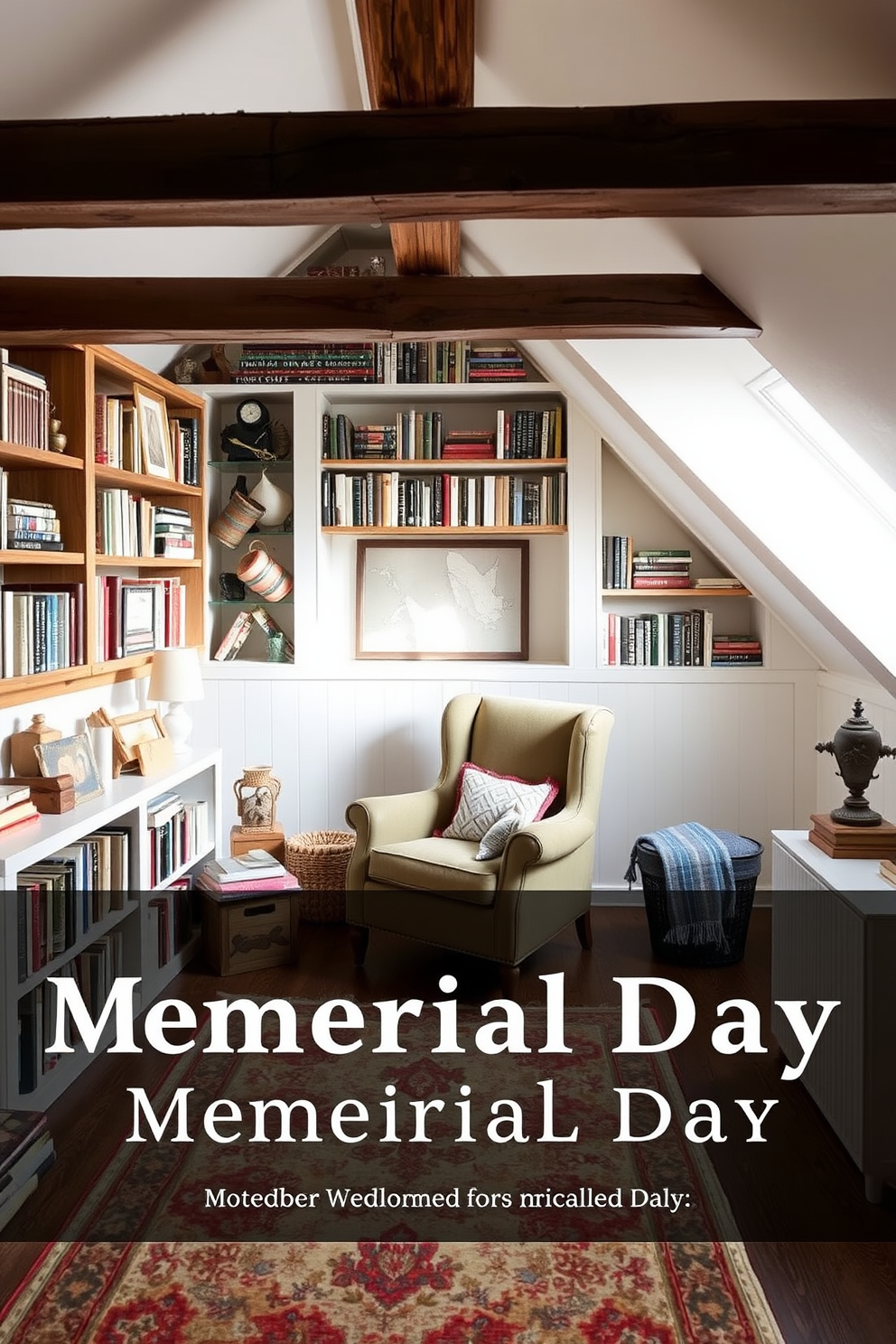 A cozy attic space featuring built-in shelves filled with an array of books and decorative items. The shelves are made of reclaimed wood, adding warmth to the room, while a comfortable reading nook with a plush armchair sits nearby. The walls are painted in a soft white, allowing natural light to brighten the space. A vintage rug lies on the floor, complementing the decor and creating a welcoming atmosphere for Memorial Day celebrations.