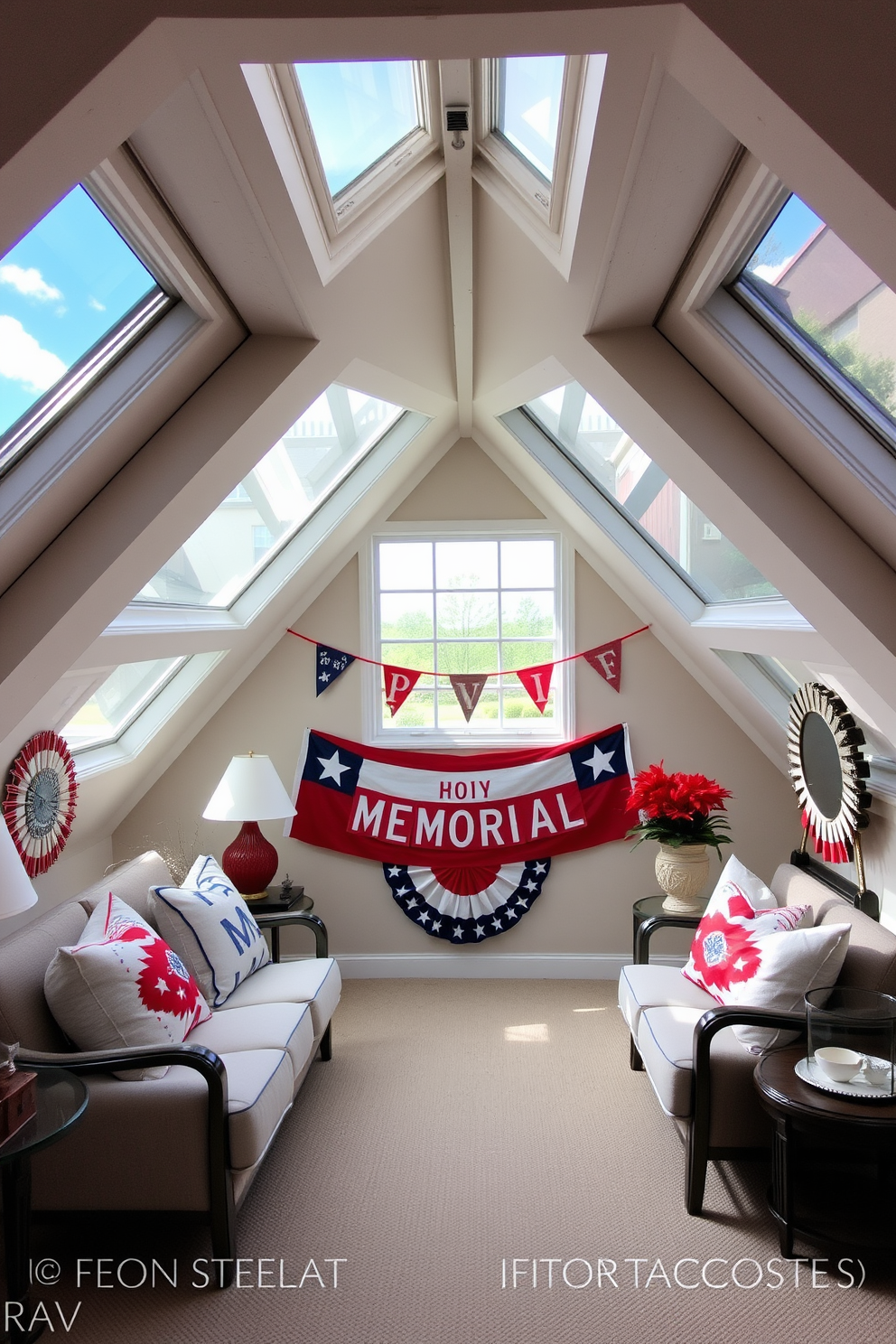 A cozy attic space decorated for Memorial Day. The room features skylights that flood the area with natural light and provide beautiful views of the outdoors. Patriotic red, white, and blue accents adorn the space, including throw pillows and a festive banner. A comfortable seating area invites relaxation while celebrating the holiday spirit.